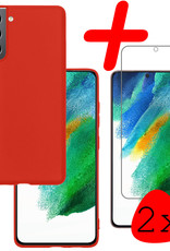 BASEY. Hoes Geschikt voor Samsung S21 FE Hoesje Siliconen Back Cover Case Met 2x Screenprotector - Hoesje Geschikt voor Samsung Galaxy S21 FE Hoes Cover Hoesje - Rood