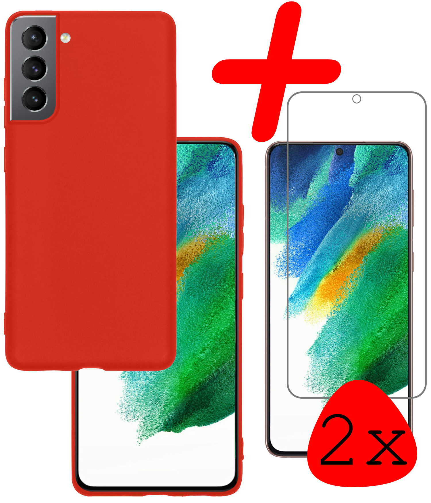 BASEY. Hoes Geschikt voor Samsung S21 FE Hoesje Siliconen Back Cover Case Met 2x Screenprotector - Hoesje Geschikt voor Samsung Galaxy S21 FE Hoes Cover Hoesje - Rood