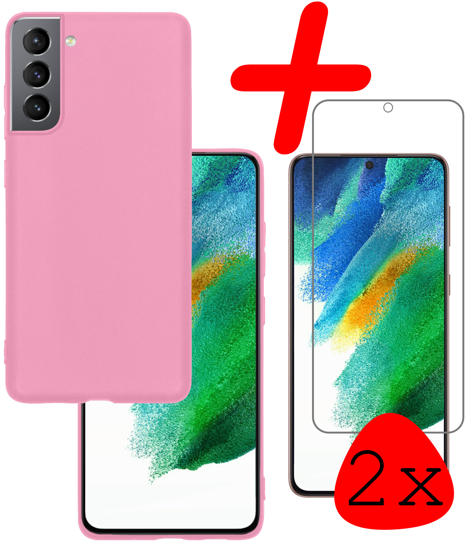 BASEY. Hoes Geschikt voor Samsung S21 FE Hoesje Siliconen Back Cover Case Met 2x Screenprotector - Hoesje Geschikt voor Samsung Galaxy S21 FE Hoes Cover Hoesje - Lichtroze