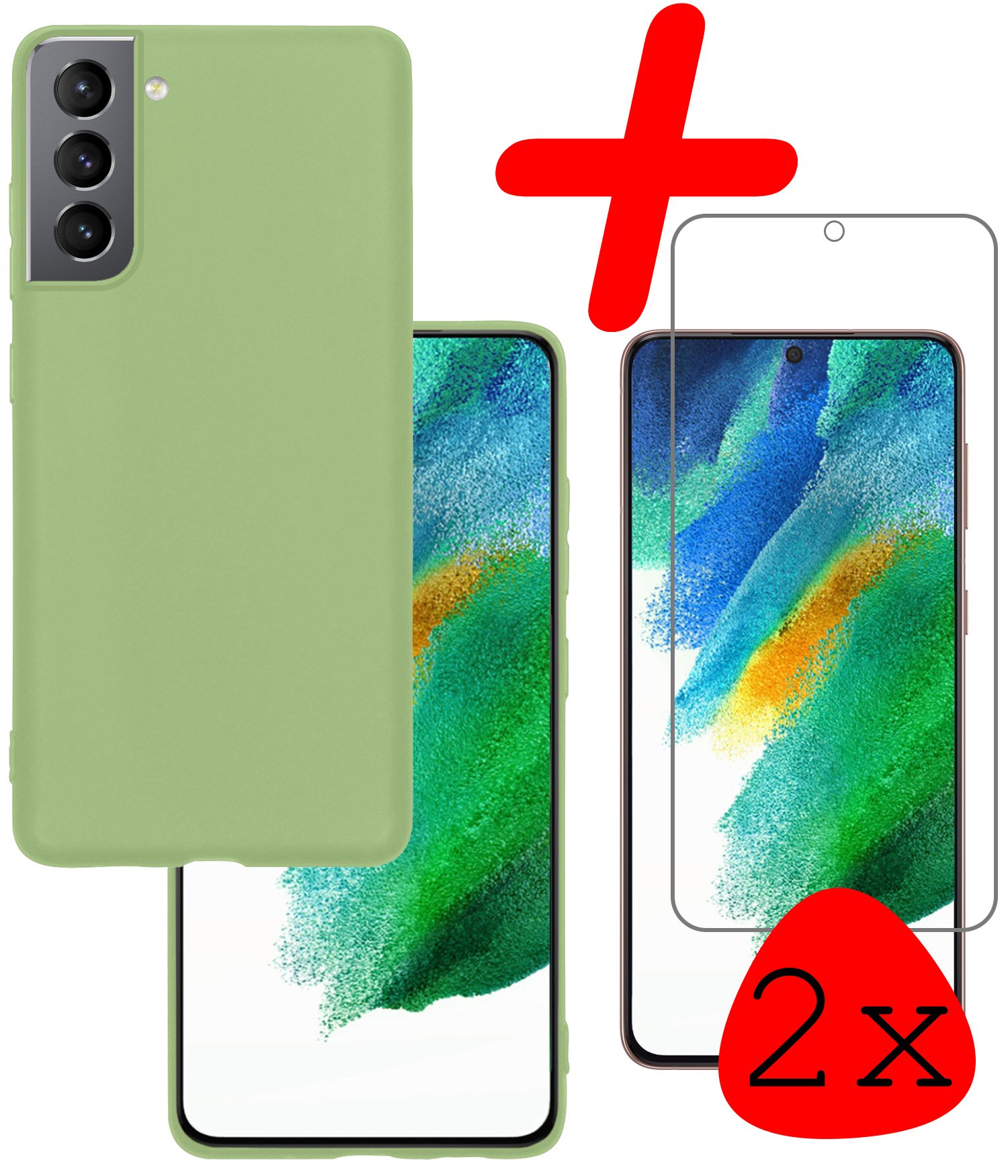 BASEY. Hoes Geschikt voor Samsung S21 FE Hoesje Siliconen Back Cover Case Met 2x Screenprotector - Hoesje Geschikt voor Samsung Galaxy S21 FE Hoes Cover Hoesje - Groen