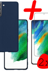 BASEY. Hoes Geschikt voor Samsung S21 FE Hoesje Siliconen Back Cover Case Met 2x Screenprotector - Hoesje Geschikt voor Samsung Galaxy S21 FE Hoes Cover Hoesje - Donkerblauw