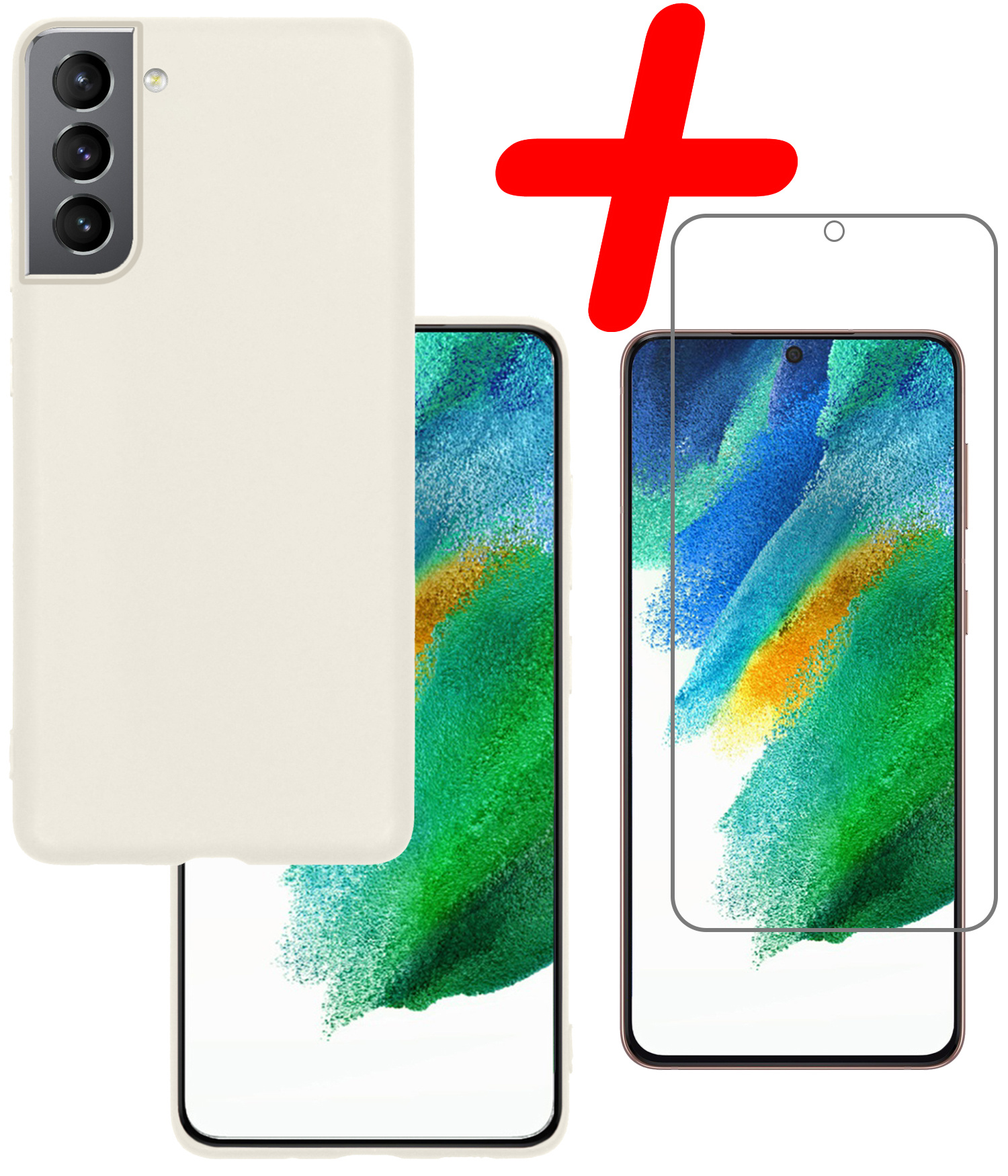 BASEY. Hoes Geschikt voor Samsung S21 FE Hoesje Siliconen Back Cover Case Met Screenprotector - Hoesje Geschikt voor Samsung Galaxy S21 FE Hoes Cover Hoesje - Wit