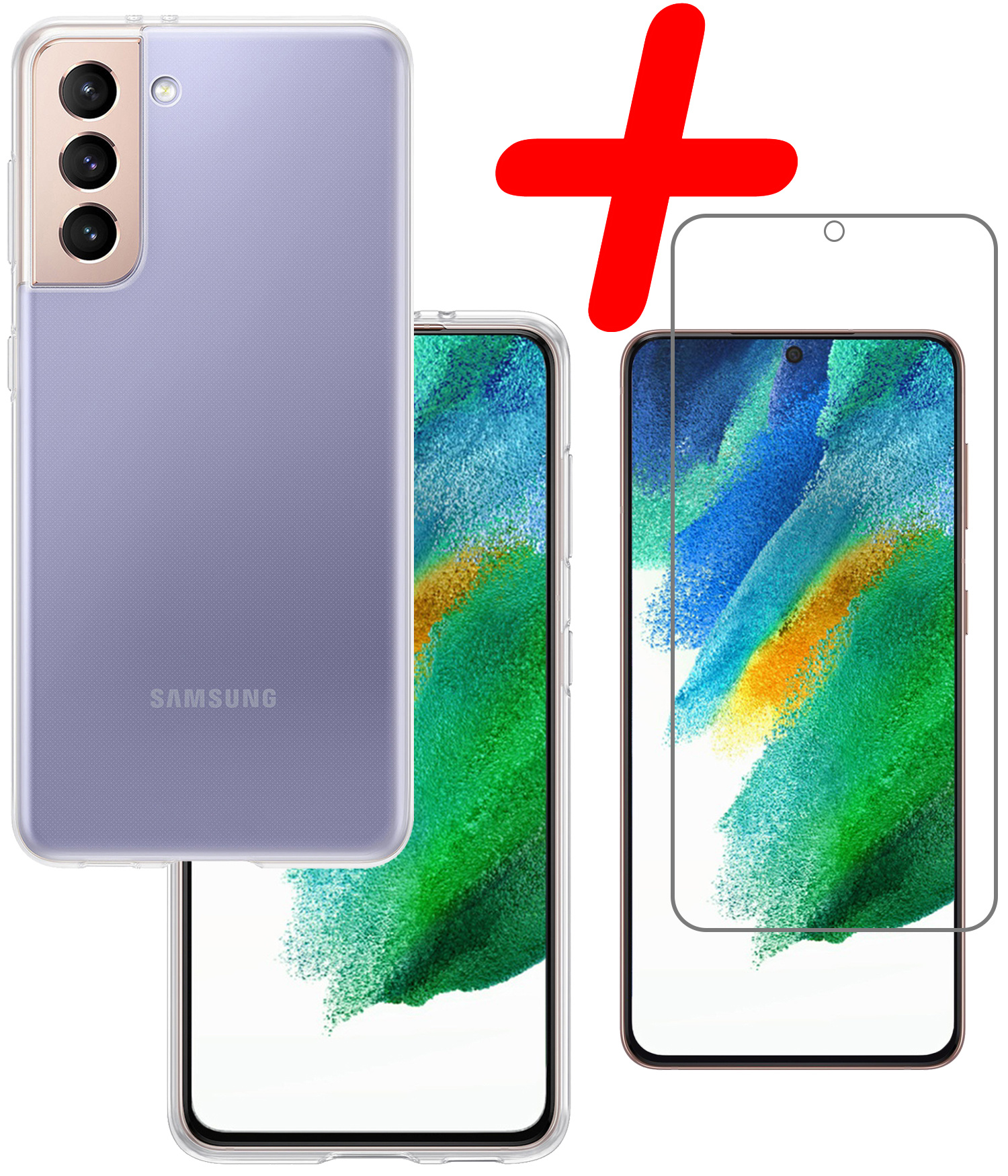 BASEY. Hoes Geschikt voor Samsung S21 FE Hoesje Siliconen Back Cover Case Met Screenprotector - Hoesje Geschikt voor Samsung Galaxy S21 FE Hoes Cover Hoesje - Transparant