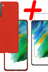 BASEY. Hoes Geschikt voor Samsung S21 FE Hoesje Siliconen Back Cover Case Met Screenprotector - Hoesje Geschikt voor Samsung Galaxy S21 FE Hoes Cover Hoesje - Rood