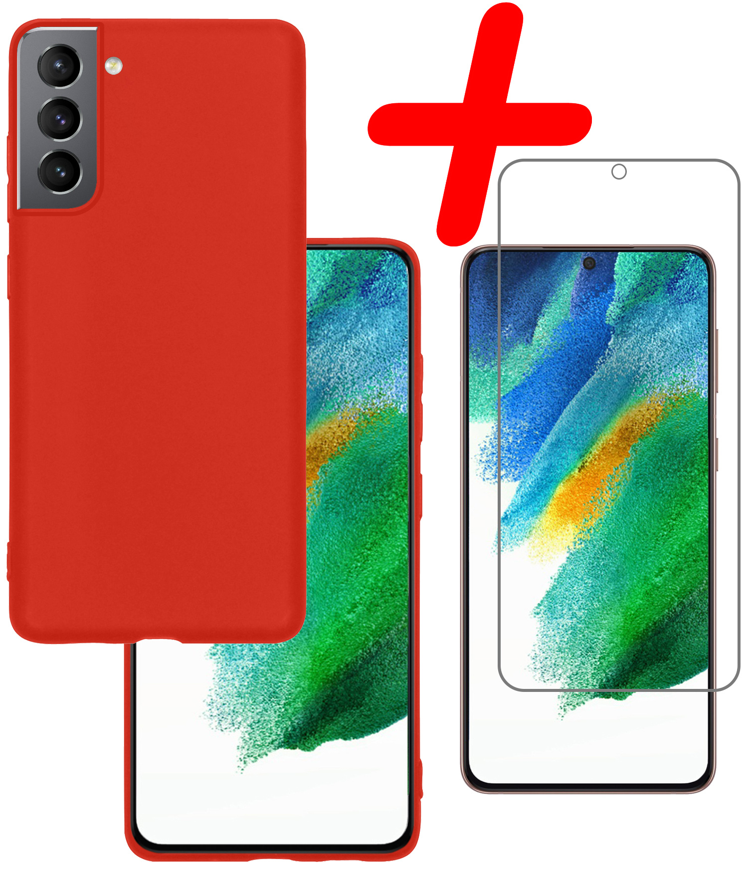 BASEY. Hoes Geschikt voor Samsung S21 FE Hoesje Siliconen Back Cover Case Met Screenprotector - Hoesje Geschikt voor Samsung Galaxy S21 FE Hoes Cover Hoesje - Rood