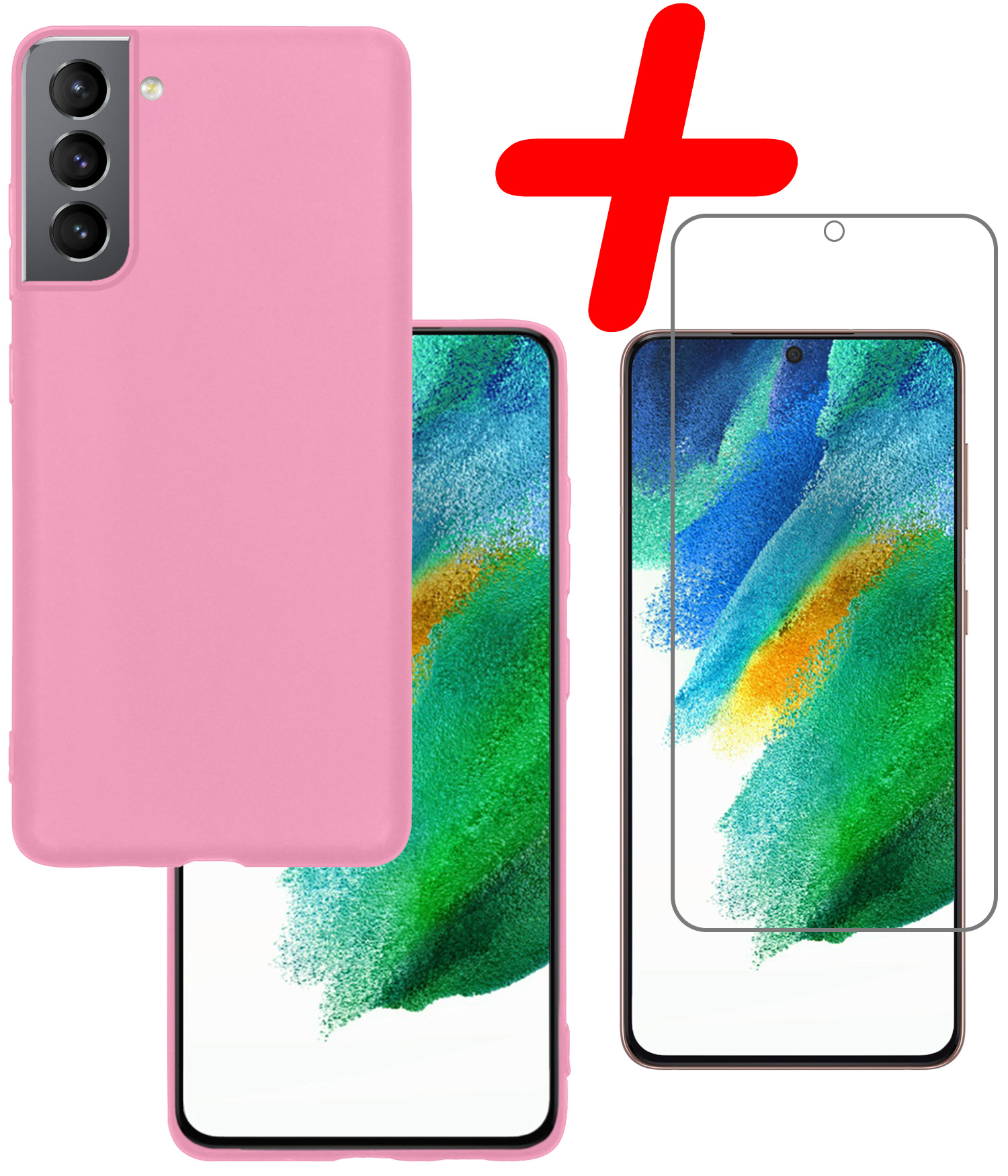 BASEY. Hoes Geschikt voor Samsung S21 FE Hoesje Siliconen Back Cover Case Met Screenprotector - Hoesje Geschikt voor Samsung Galaxy S21 FE Hoes Cover Hoesje - Lichtroze