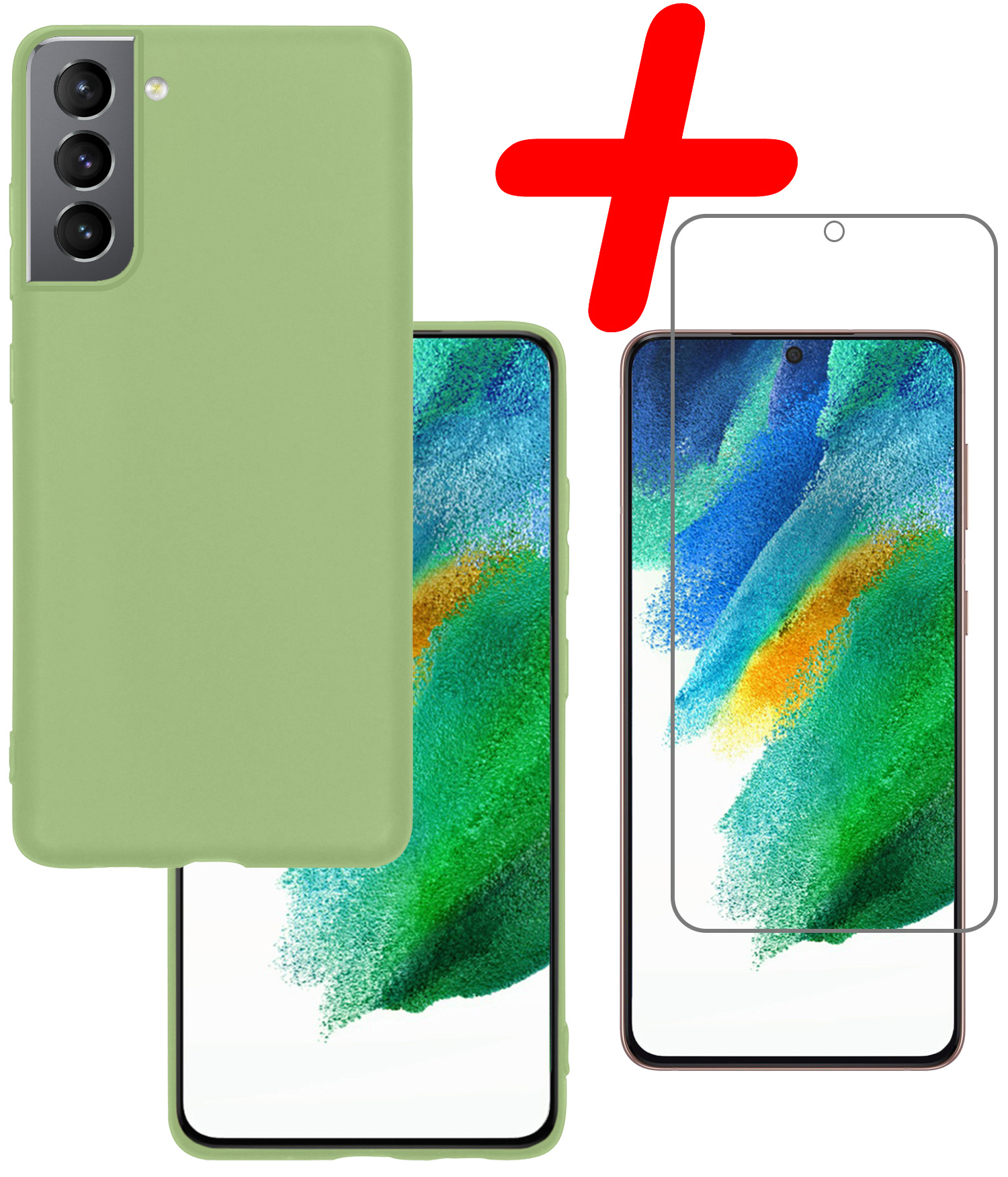 BASEY. Hoes Geschikt voor Samsung S21 FE Hoesje Siliconen Back Cover Case Met Screenprotector - Hoesje Geschikt voor Samsung Galaxy S21 FE Hoes Cover Hoesje - Groen