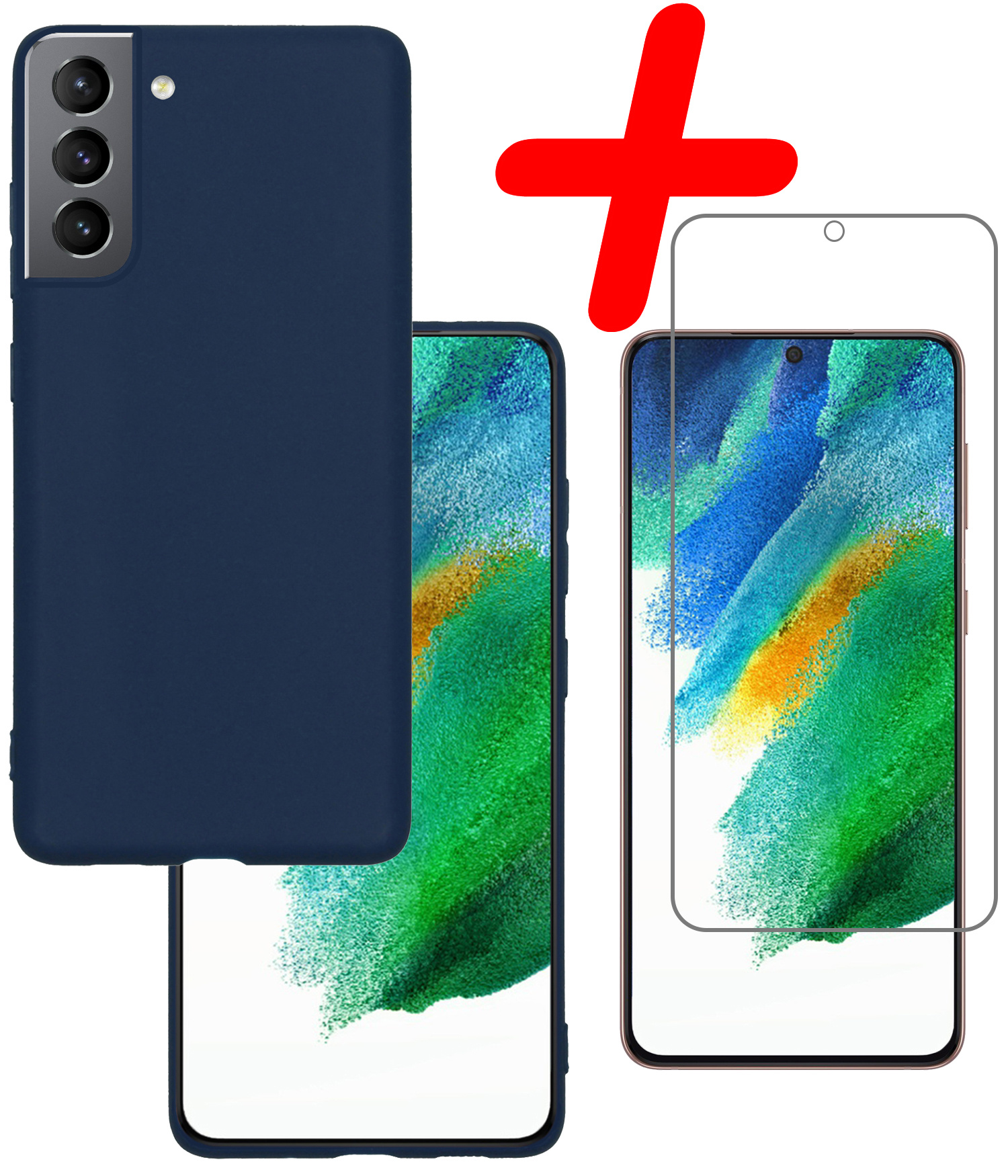 BASEY. Hoes Geschikt voor Samsung S21 FE Hoesje Siliconen Back Cover Case Met Screenprotector - Hoesje Geschikt voor Samsung Galaxy S21 FE Hoes Cover Hoesje - Donkerblauw