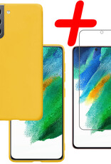 BASEY. Hoes Geschikt voor Samsung S21 FE Hoesje Siliconen Back Cover Case Met Screenprotector - Hoesje Geschikt voor Samsung Galaxy S21 FE Hoes Cover Hoesje - Geel