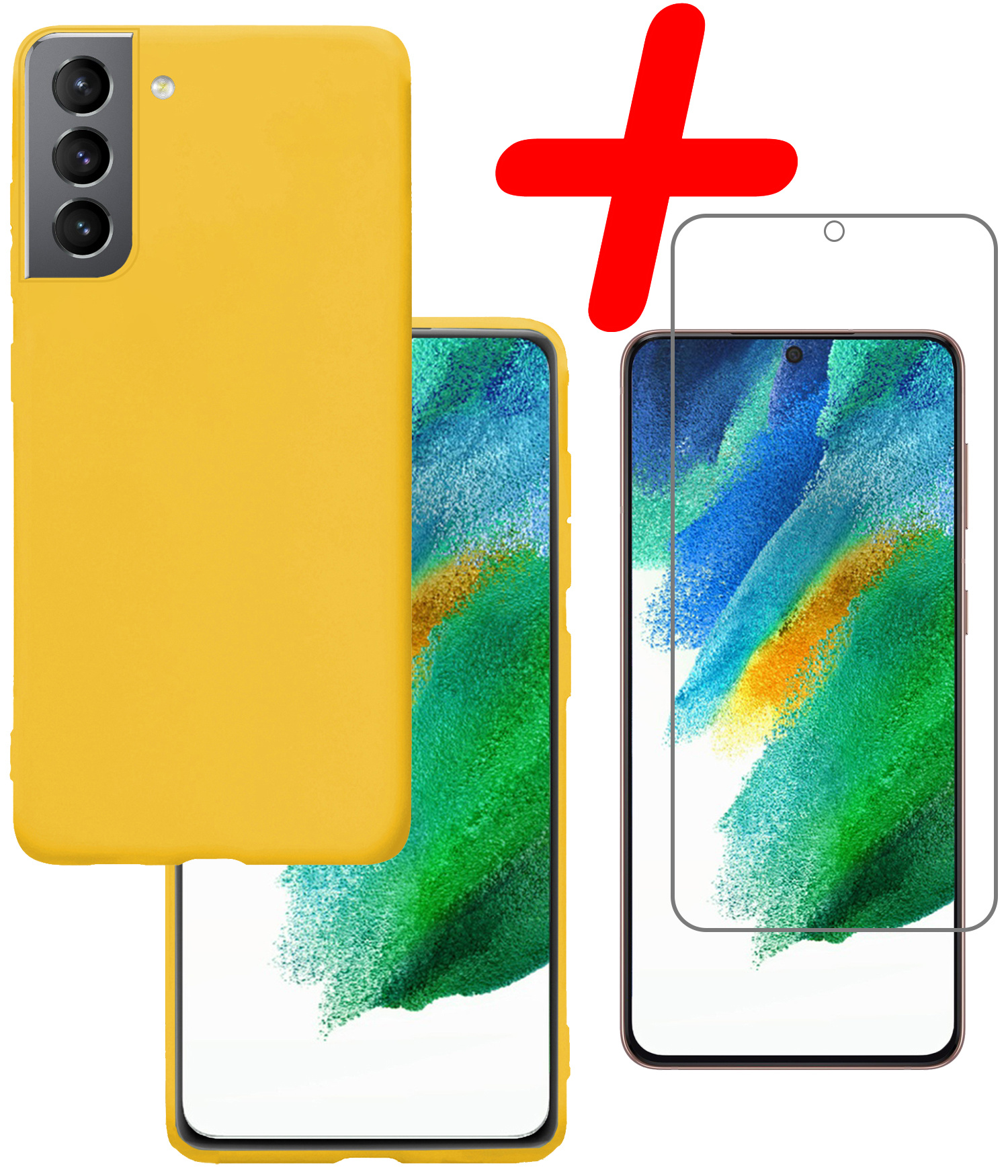 BASEY. Hoes Geschikt voor Samsung S21 FE Hoesje Siliconen Back Cover Case Met Screenprotector - Hoesje Geschikt voor Samsung Galaxy S21 FE Hoes Cover Hoesje - Geel
