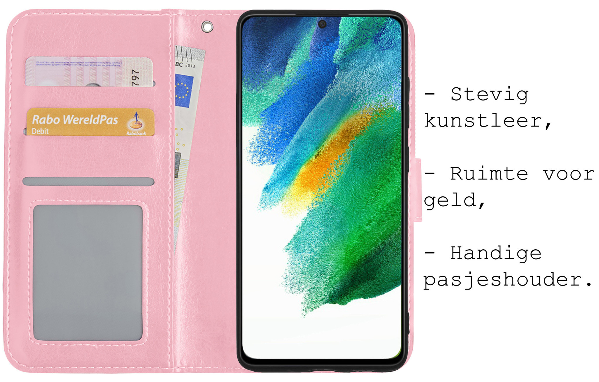 BASEY. Hoes Geschikt voor Samsung S21 FE Hoesje Bookcase Hoes Flip Case Book Cover Met Screenprotector - Hoesje Geschikt voor Samsung Galaxy S21 FE Hoes Book Case Hoesje - Lichtroze