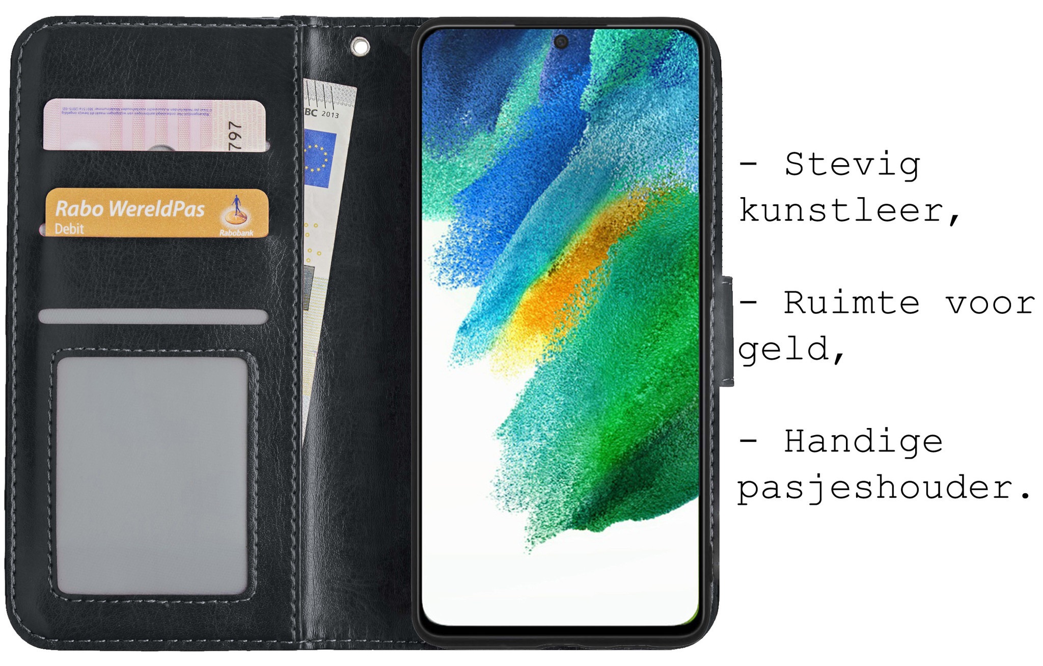 BASEY. Hoes Geschikt voor Samsung S21 FE Hoesje Bookcase Hoes Flip Case Book Cover Met Screenprotector - Hoesje Geschikt voor Samsung Galaxy S21 FE Hoes Book Case Hoesje - Zwart