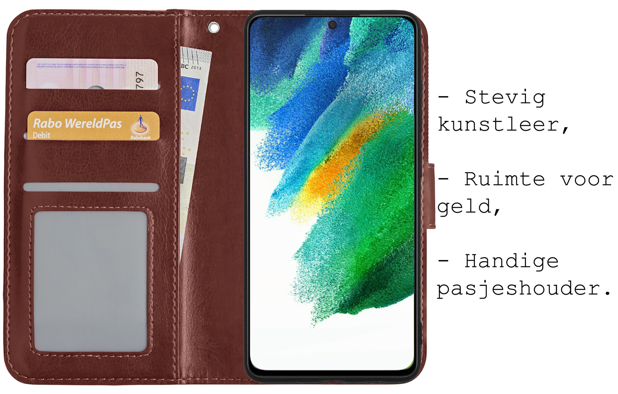 BASEY. Hoes Geschikt voor Samsung S21 FE Hoesje Bookcase Hoes Flip Case Book Cover Met 2x Screenprotector - Hoesje Geschikt voor Samsung Galaxy S21 FE Hoes Book Case Hoesje - Bruin