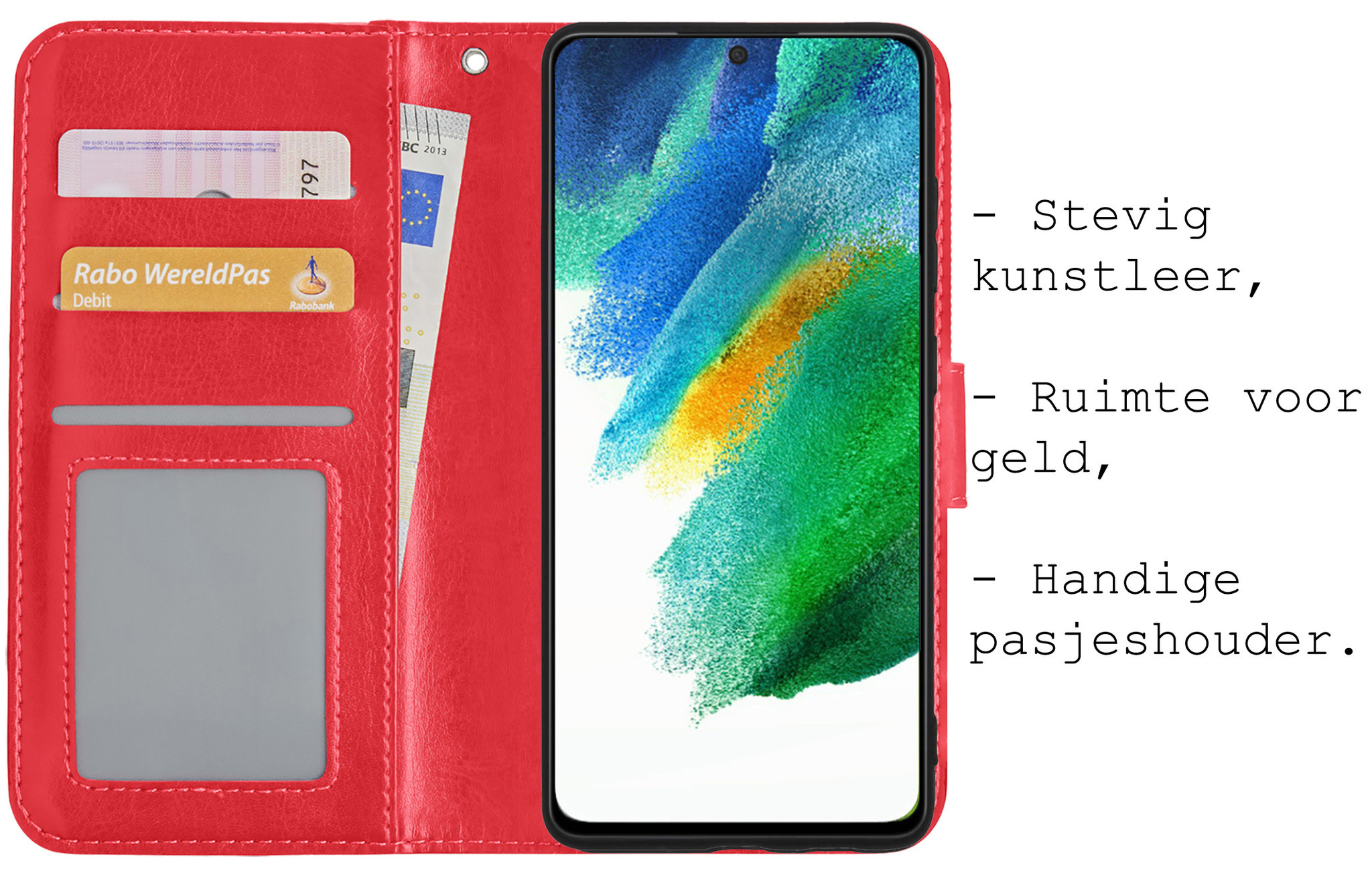 BASEY. Hoes Geschikt voor Samsung S21 FE Hoesje Bookcase Hoes Flip Case Book Cover Met 2x Screenprotector - Hoesje Geschikt voor Samsung Galaxy S21 FE Hoes Book Case Hoesje - Rood