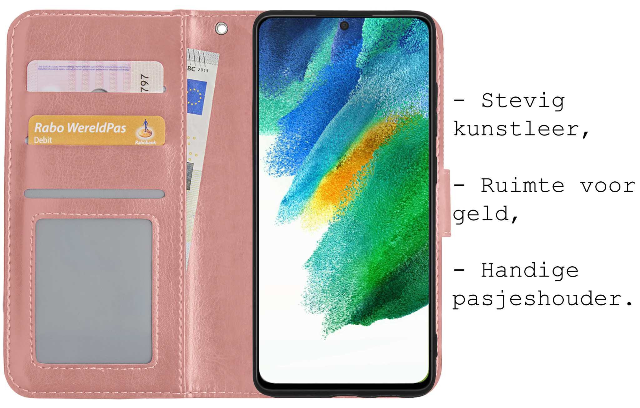 BASEY. Hoes Geschikt voor Samsung S21 FE Hoesje Bookcase Hoes Flip Case Book Cover Met 2x Screenprotector - Hoesje Geschikt voor Samsung Galaxy S21 FE Hoes Book Case Hoesje - Rosé goud