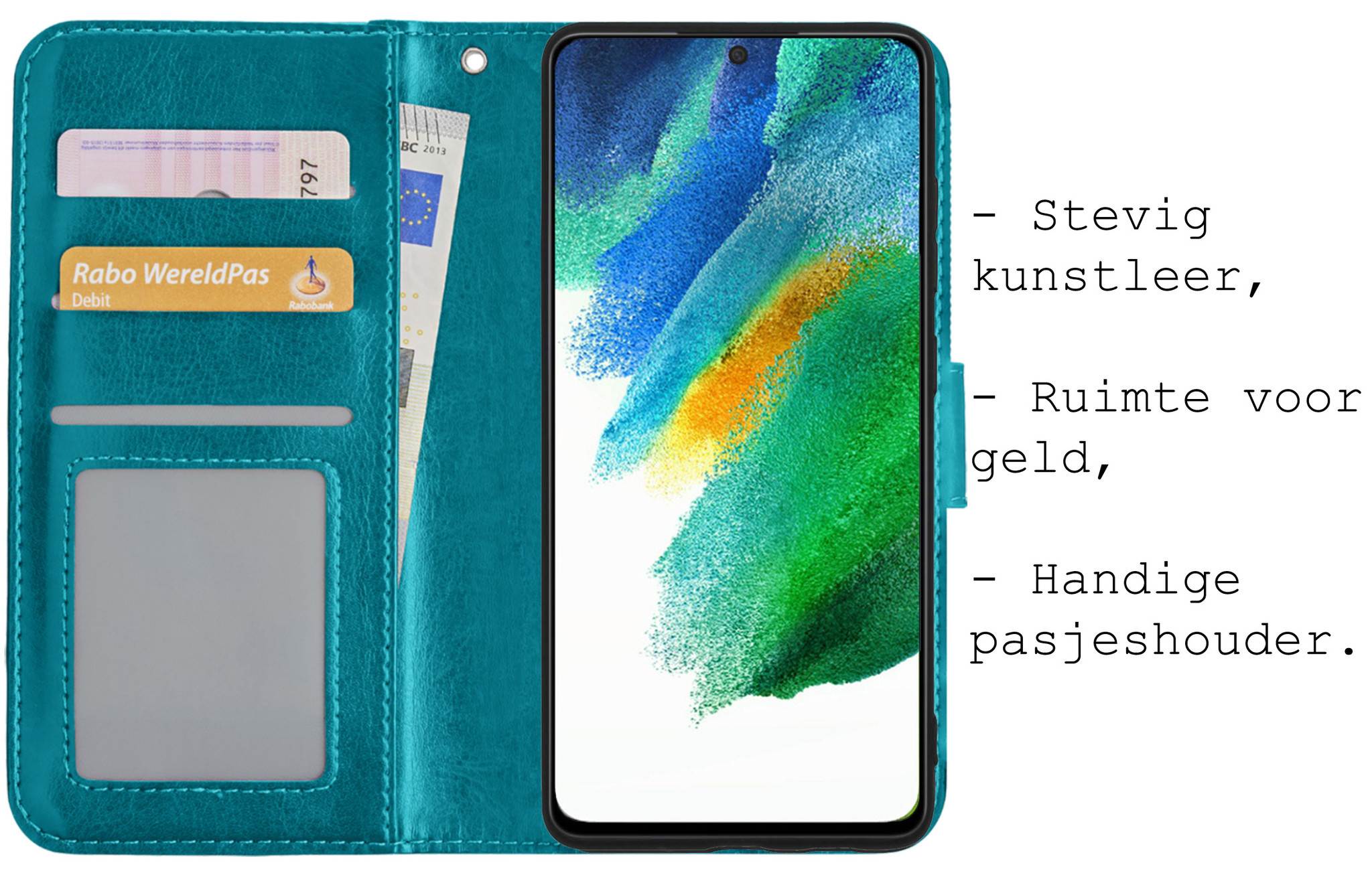 BASEY. Hoes Geschikt voor Samsung S21 FE Hoesje Bookcase Hoes Flip Case Book Cover Met 2x Screenprotector - Hoesje Geschikt voor Samsung Galaxy S21 FE Hoes Book Case Hoesje - Turquoise