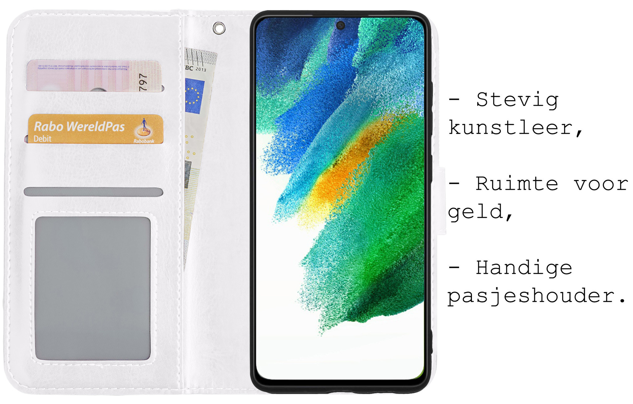 BASEY. Hoes Geschikt voor Samsung S21 FE Hoesje Bookcase Hoes Flip Case Book Cover Met 2x Screenprotector - Hoesje Geschikt voor Samsung Galaxy S21 FE Hoes Book Case Hoesje - Wit