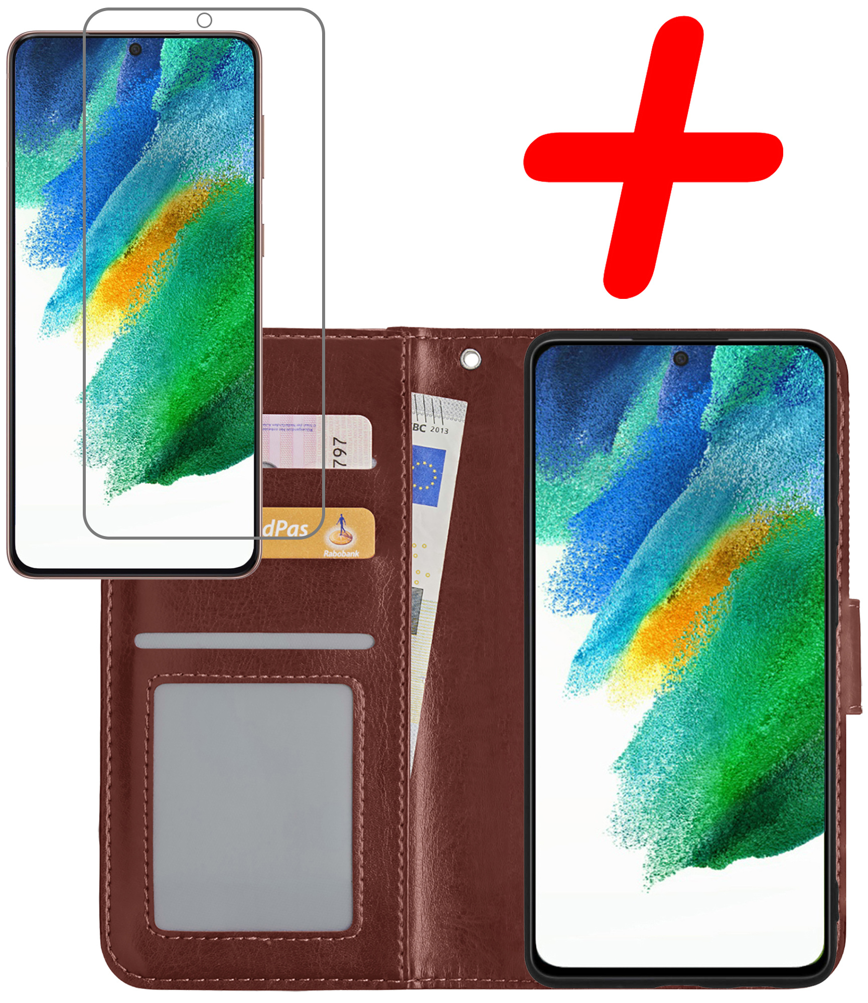 BASEY. Hoes Geschikt voor Samsung S21 FE Hoesje Bookcase Hoes Flip Case Book Cover Met Screenprotector - Hoesje Geschikt voor Samsung Galaxy S21 FE Hoes Book Case Hoesje - Bruin