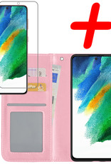 BASEY. Hoes Geschikt voor Samsung S21 FE Hoesje Bookcase Hoes Flip Case Book Cover Met Screenprotector - Hoesje Geschikt voor Samsung Galaxy S21 FE Hoes Book Case Hoesje - Lichtroze