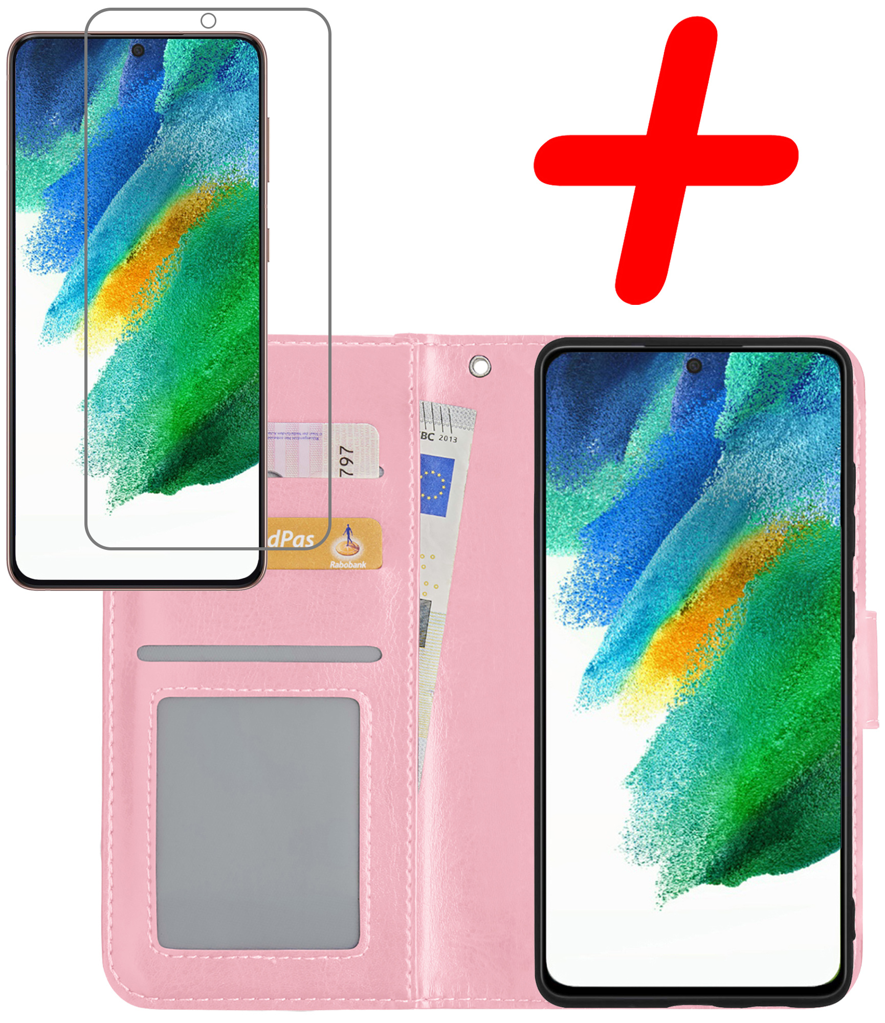 BASEY. Hoes Geschikt voor Samsung S21 FE Hoesje Bookcase Hoes Flip Case Book Cover Met Screenprotector - Hoesje Geschikt voor Samsung Galaxy S21 FE Hoes Book Case Hoesje - Lichtroze