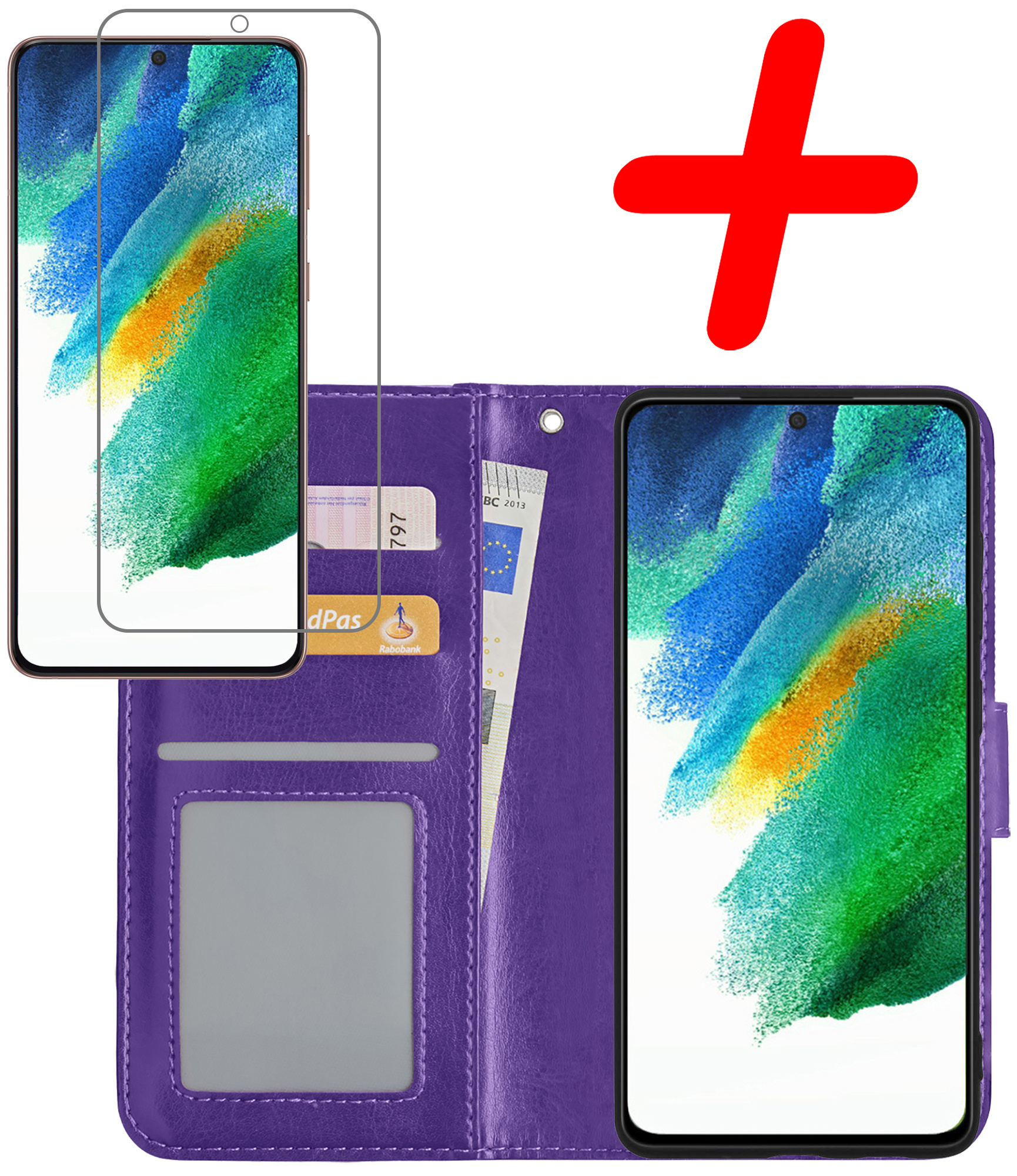 BASEY. Hoes Geschikt voor Samsung S21 FE Hoesje Bookcase Hoes Flip Case Book Cover Met Screenprotector - Hoesje Geschikt voor Samsung Galaxy S21 FE Hoes Book Case Hoesje - Paars