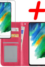 BASEY. Hoes Geschikt voor Samsung S21 FE Hoesje Bookcase Hoes Flip Case Book Cover Met Screenprotector - Hoesje Geschikt voor Samsung Galaxy S21 FE Hoes Book Case Hoesje - Donkerroze