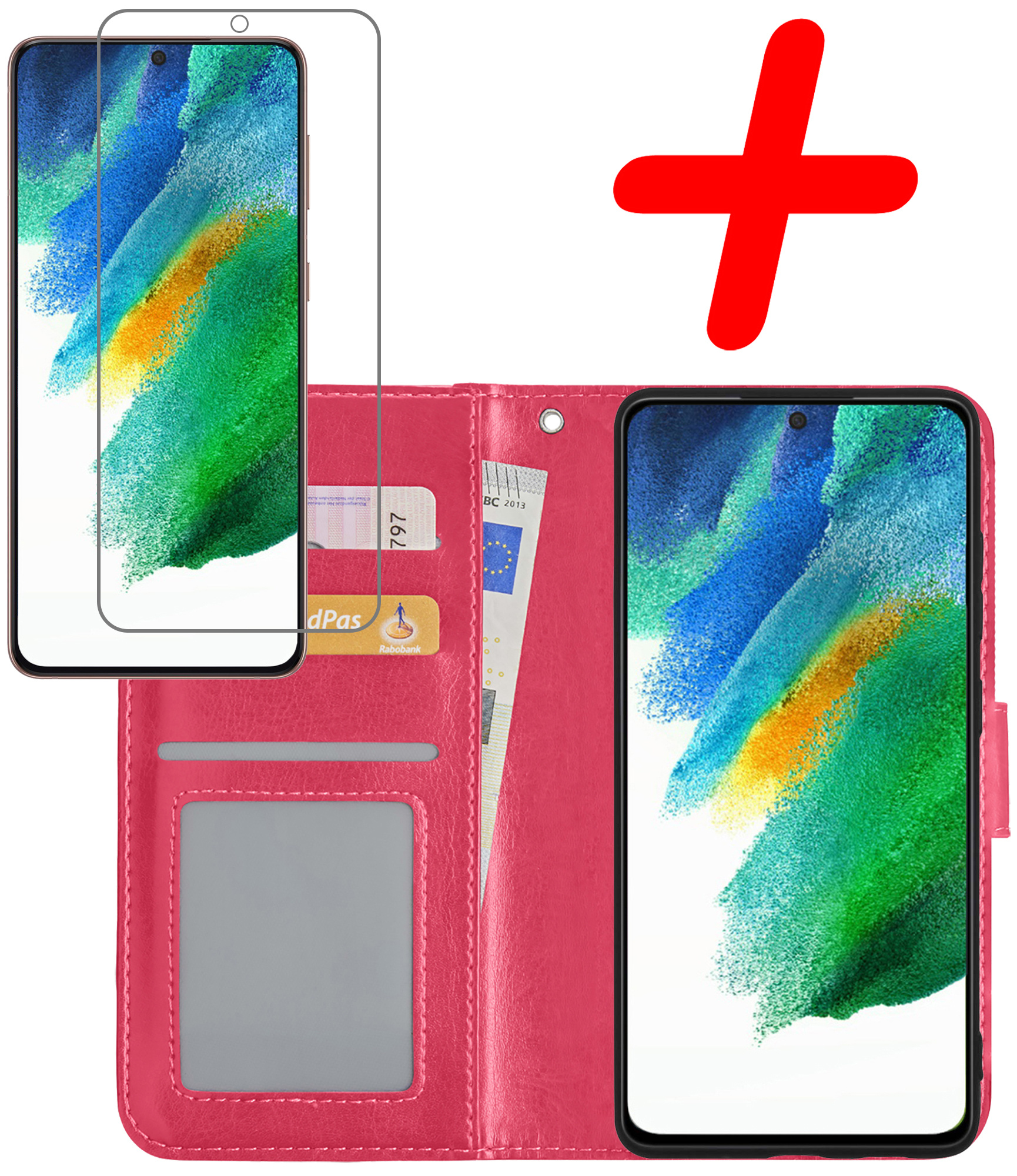 BASEY. Hoes Geschikt voor Samsung S21 FE Hoesje Bookcase Hoes Flip Case Book Cover Met Screenprotector - Hoesje Geschikt voor Samsung Galaxy S21 FE Hoes Book Case Hoesje - Donkerroze