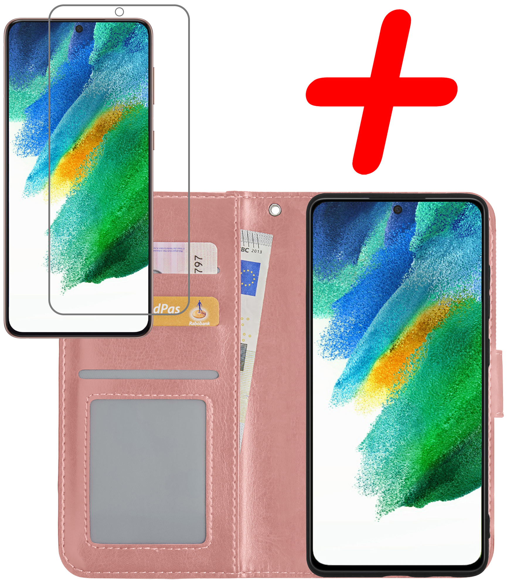 BASEY. Hoes Geschikt voor Samsung S21 FE Hoesje Bookcase Hoes Flip Case Book Cover Met Screenprotector - Hoesje Geschikt voor Samsung Galaxy S21 FE Hoes Book Case Hoesje - Rosé goud