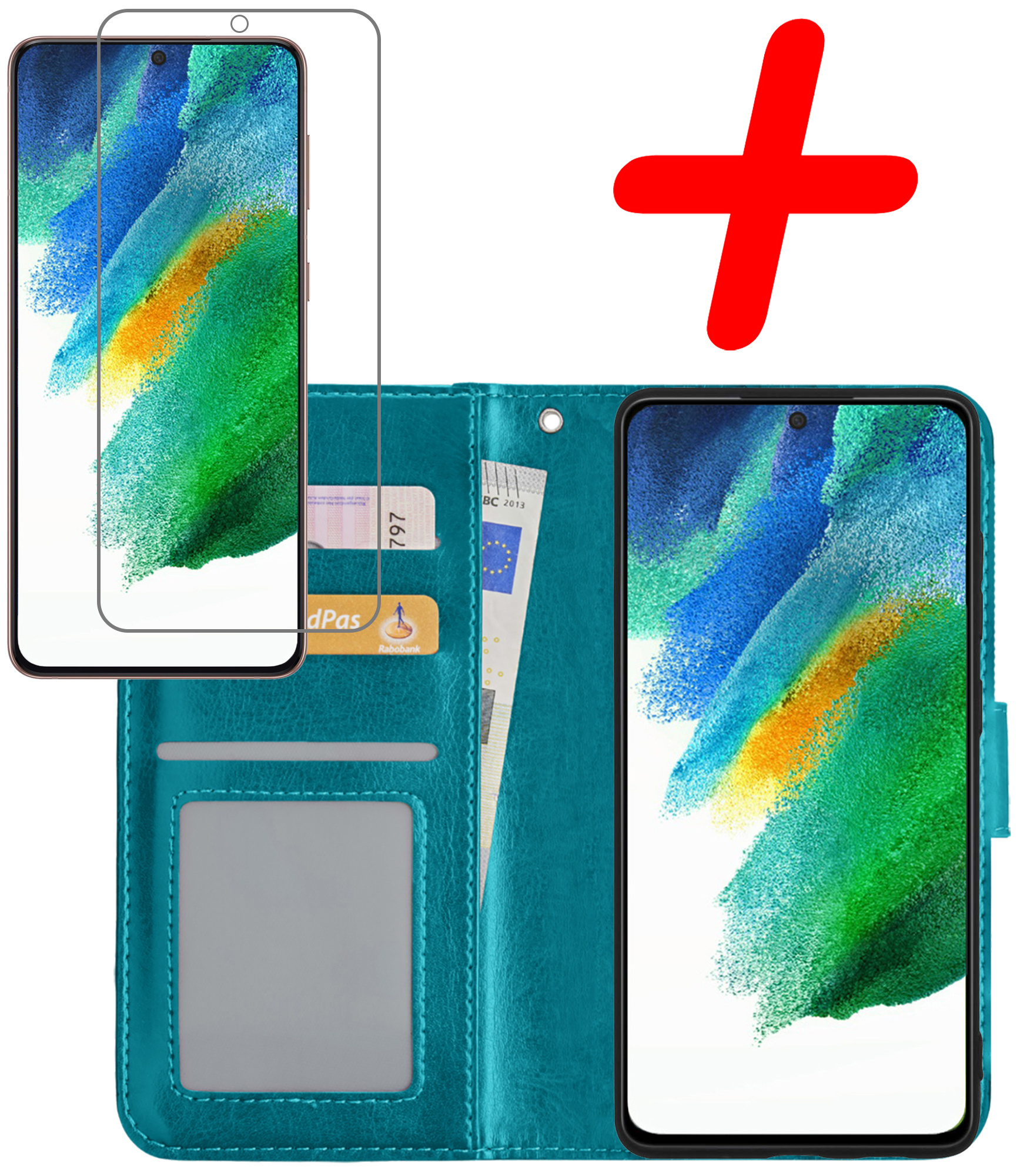 BASEY. Hoes Geschikt voor Samsung S21 FE Hoesje Bookcase Hoes Flip Case Book Cover Met Screenprotector - Hoesje Geschikt voor Samsung Galaxy S21 FE Hoes Book Case Hoesje - Turquoise