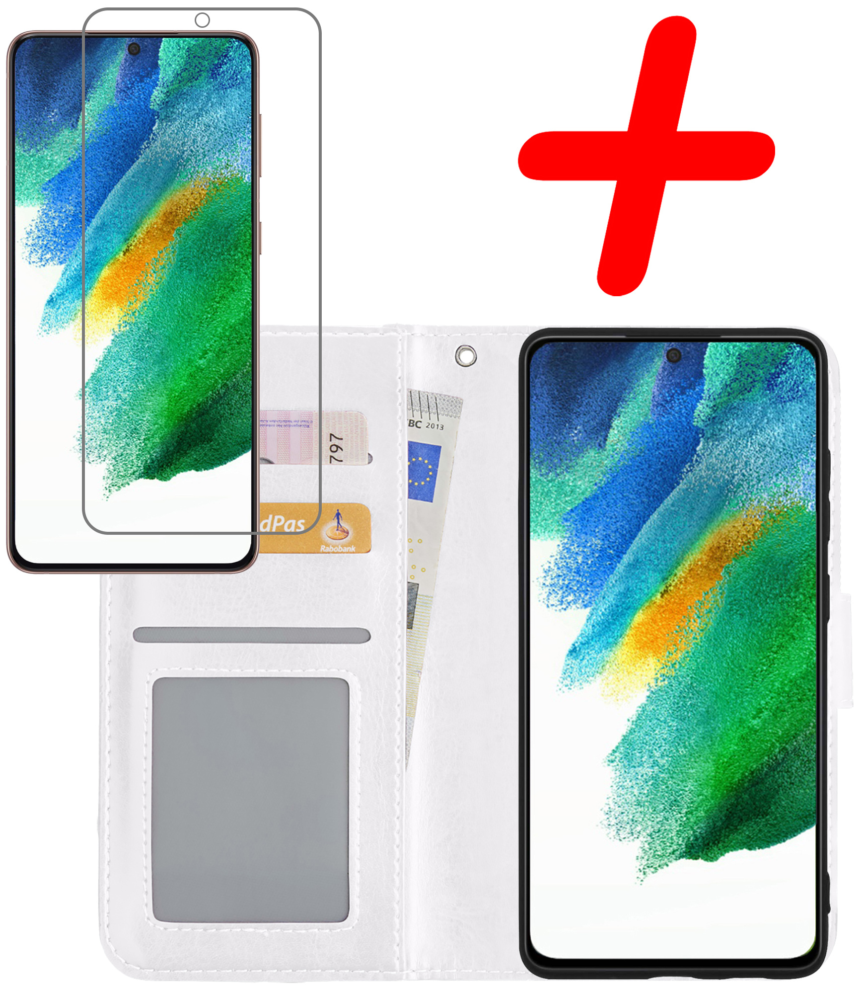 BASEY. Hoes Geschikt voor Samsung S21 FE Hoesje Bookcase Hoes Flip Case Book Cover Met Screenprotector - Hoesje Geschikt voor Samsung Galaxy S21 FE Hoes Book Case Hoesje - Wit