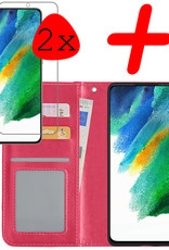 BASEY. Hoes Geschikt voor Samsung S21 FE Hoesje Bookcase Hoes Flip Case Book Cover Met 2x Screenprotector - Hoesje Geschikt voor Samsung Galaxy S21 FE Hoes Book Case Hoesje - Donkerroze