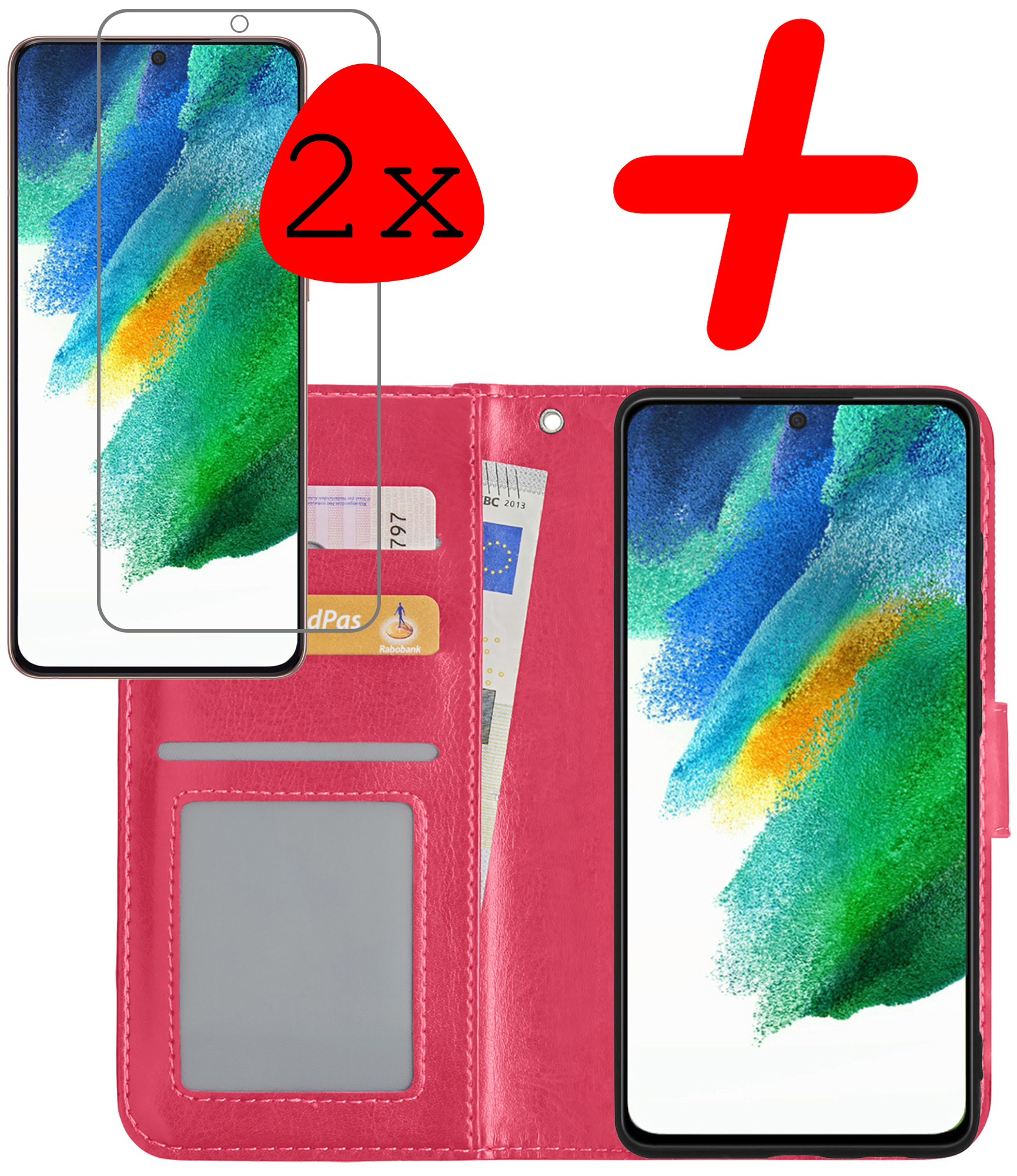 BASEY. Hoes Geschikt voor Samsung S21 FE Hoesje Bookcase Hoes Flip Case Book Cover Met 2x Screenprotector - Hoesje Geschikt voor Samsung Galaxy S21 FE Hoes Book Case Hoesje - Donkerroze
