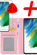BASEY. Hoes Geschikt voor Samsung S21 FE Hoesje Bookcase Hoes Flip Case Book Cover Met 2x Screenprotector - Hoesje Geschikt voor Samsung Galaxy S21 FE Hoes Book Case Hoesje - Lichtroze