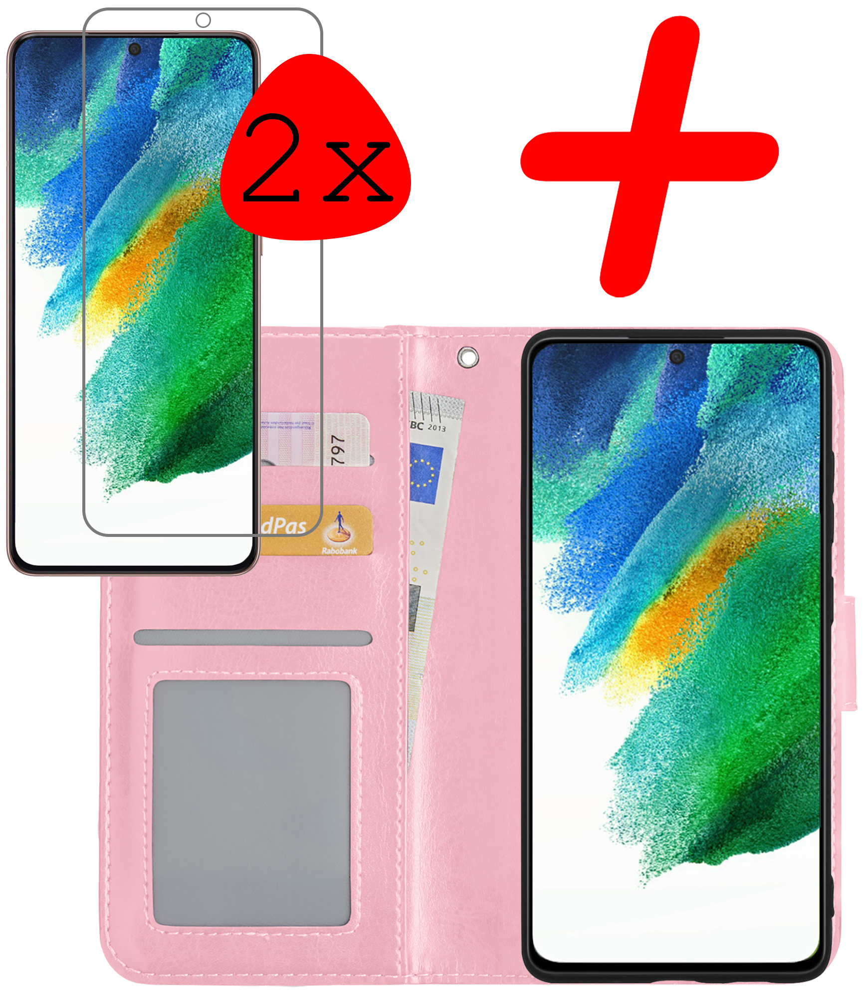 BASEY. Hoes Geschikt voor Samsung S21 FE Hoesje Bookcase Hoes Flip Case Book Cover Met 2x Screenprotector - Hoesje Geschikt voor Samsung Galaxy S21 FE Hoes Book Case Hoesje - Lichtroze