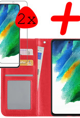 BASEY. Hoes Geschikt voor Samsung S21 FE Hoesje Bookcase Hoes Flip Case Book Cover Met 2x Screenprotector - Hoesje Geschikt voor Samsung Galaxy S21 FE Hoes Book Case Hoesje - Rood