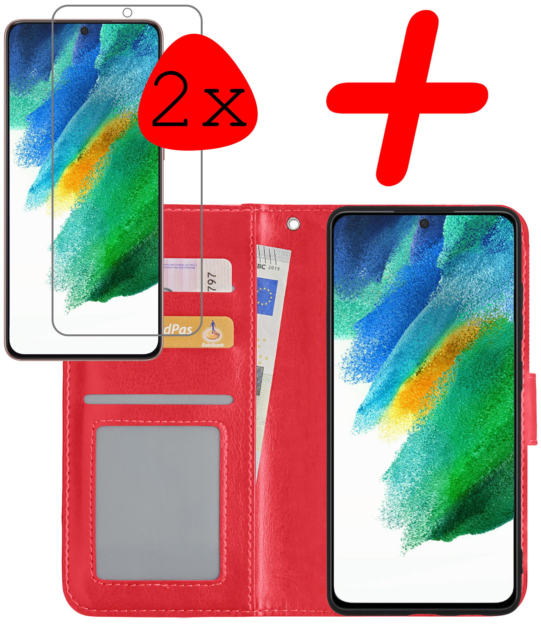 BASEY. Hoes Geschikt voor Samsung S21 FE Hoesje Bookcase Hoes Flip Case Book Cover Met 2x Screenprotector - Hoesje Geschikt voor Samsung Galaxy S21 FE Hoes Book Case Hoesje - Rood
