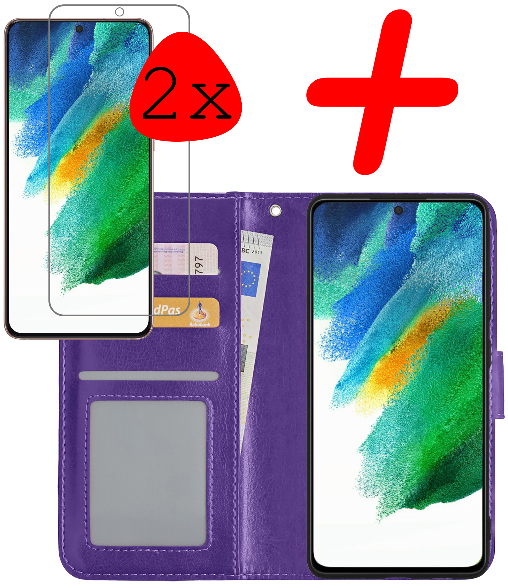 BASEY. Hoes Geschikt voor Samsung S21 FE Hoesje Bookcase Hoes Flip Case Book Cover Met 2x Screenprotector - Hoesje Geschikt voor Samsung Galaxy S21 FE Hoes Book Case Hoesje - Paars