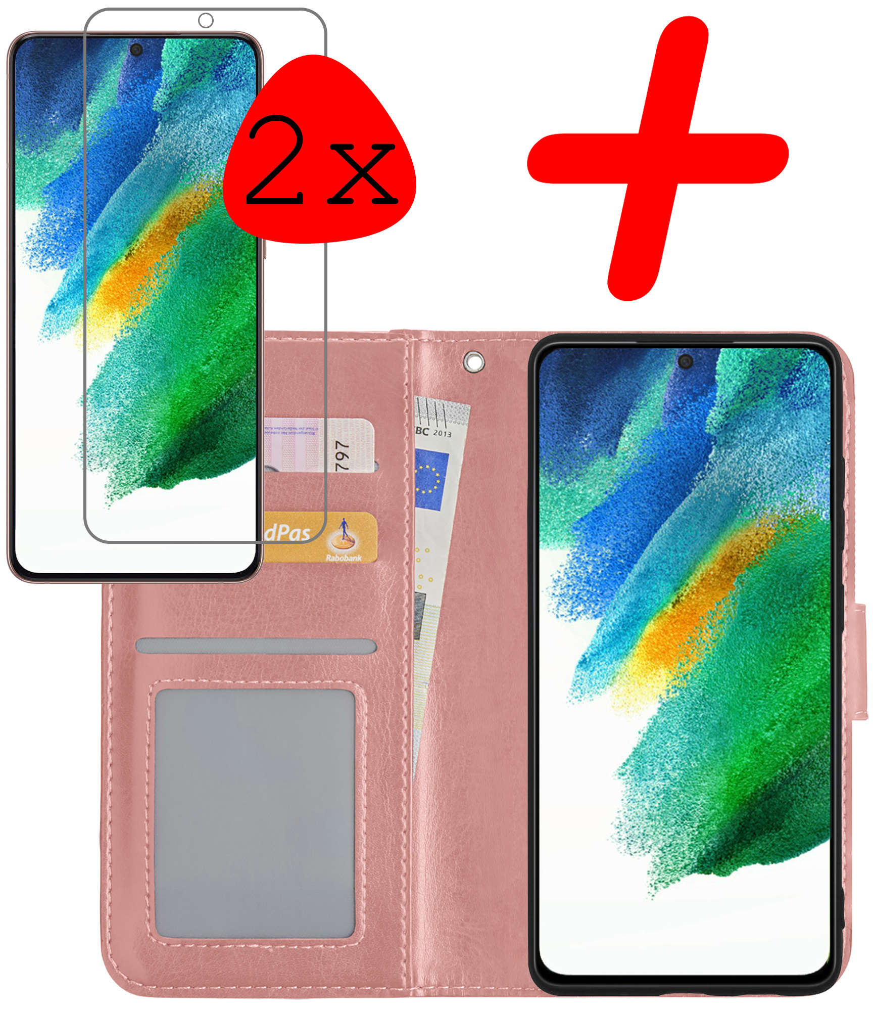 BASEY. Hoes Geschikt voor Samsung S21 FE Hoesje Bookcase Hoes Flip Case Book Cover Met 2x Screenprotector - Hoesje Geschikt voor Samsung Galaxy S21 FE Hoes Book Case Hoesje - Rosé goud