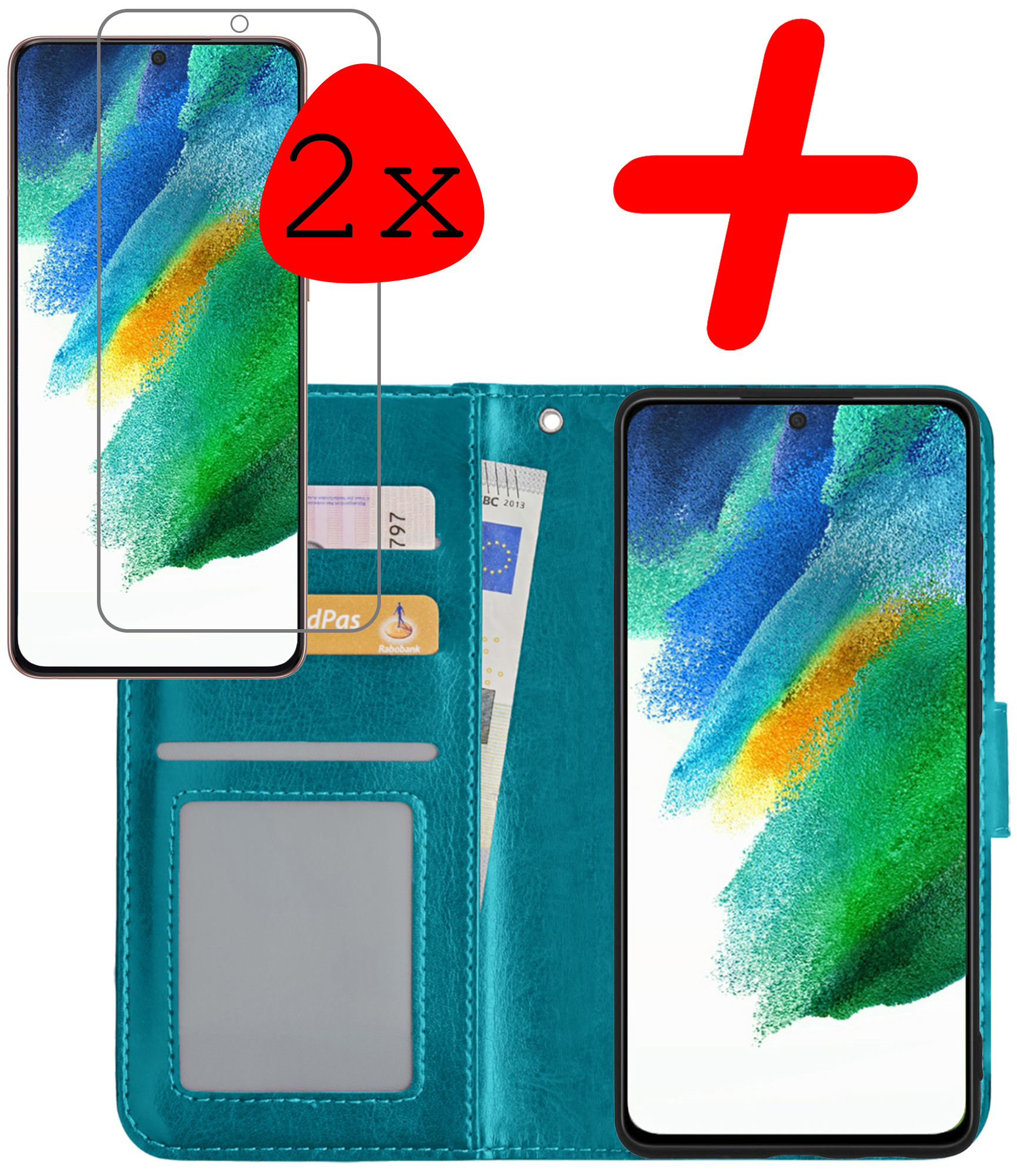 BASEY. Hoes Geschikt voor Samsung S21 FE Hoesje Bookcase Hoes Flip Case Book Cover Met 2x Screenprotector - Hoesje Geschikt voor Samsung Galaxy S21 FE Hoes Book Case Hoesje - Turquoise