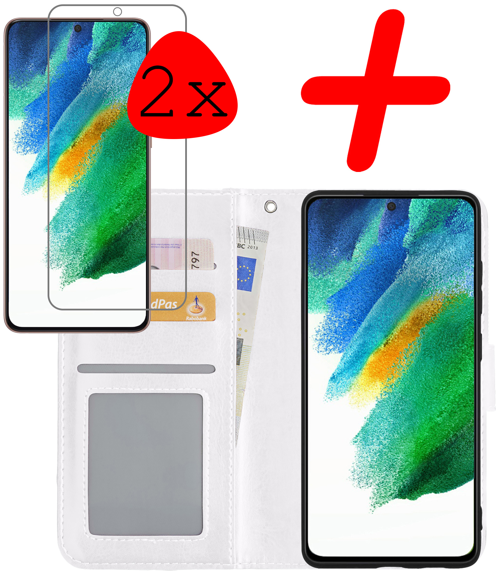 BASEY. Hoes Geschikt voor Samsung S21 FE Hoesje Bookcase Hoes Flip Case Book Cover Met 2x Screenprotector - Hoesje Geschikt voor Samsung Galaxy S21 FE Hoes Book Case Hoesje - Wit