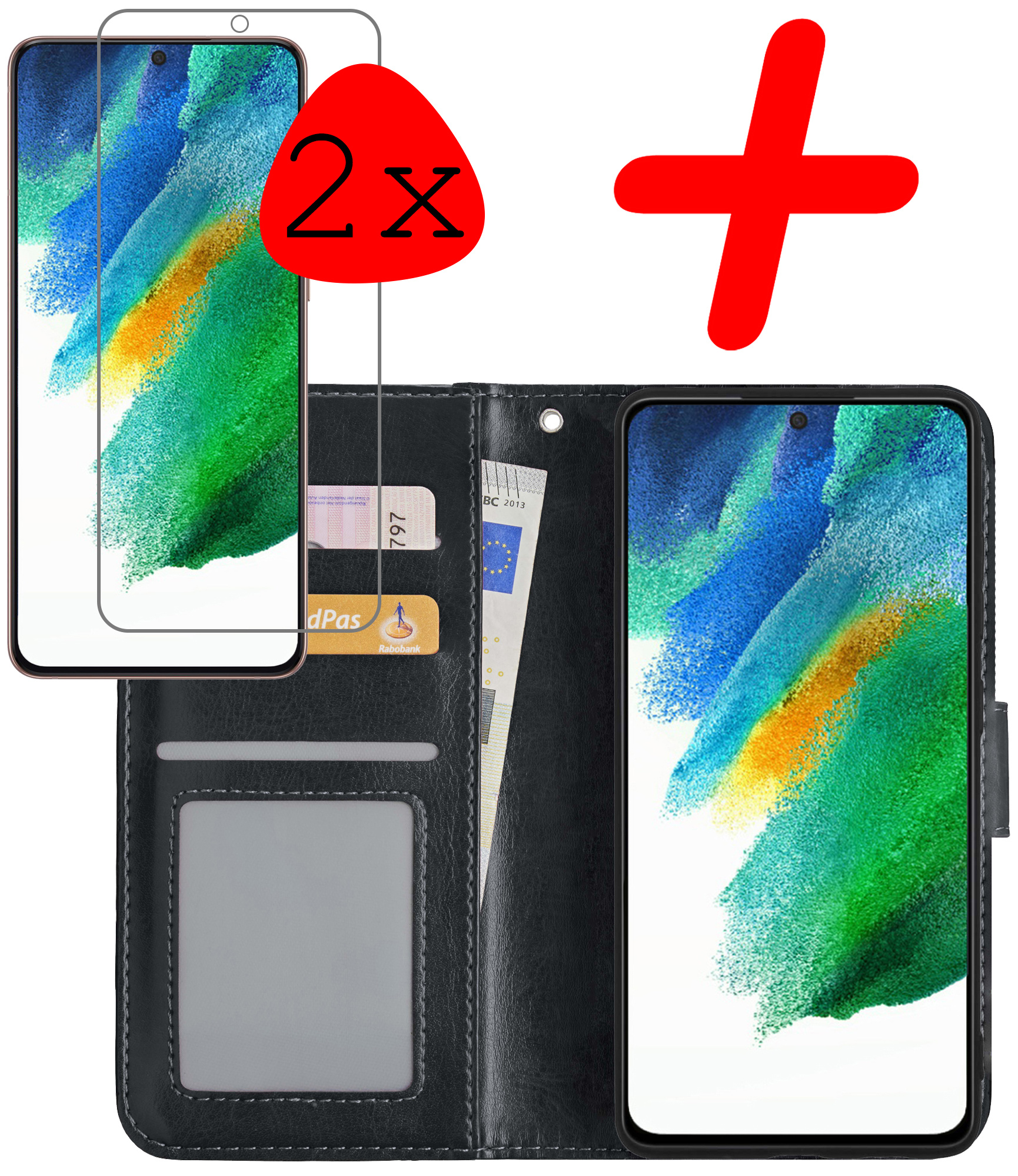 BASEY. Hoes Geschikt voor Samsung S21 FE Hoesje Bookcase Hoes Flip Case Book Cover Met 2x Screenprotector - Hoesje Geschikt voor Samsung Galaxy S21 FE Hoes Book Case Hoesje - Zwart
