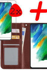 BASEY. Hoes Geschikt voor Samsung S21 FE Hoesje Bookcase Hoes Flip Case Book Cover Met 2x Screenprotector - Hoesje Geschikt voor Samsung Galaxy S21 FE Hoes Book Case Hoesje - Bruin