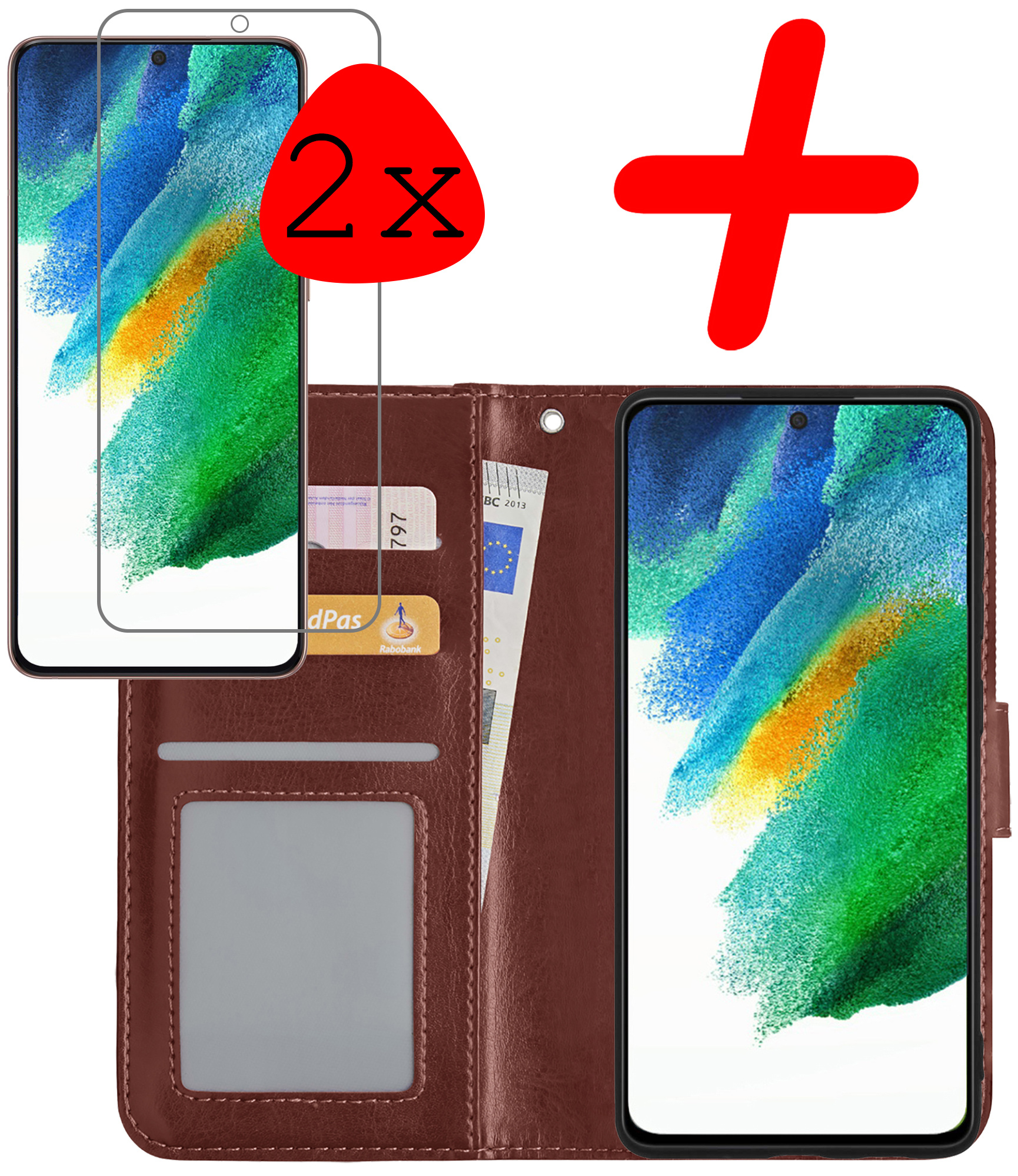 BASEY. Hoes Geschikt voor Samsung S21 FE Hoesje Bookcase Hoes Flip Case Book Cover Met 2x Screenprotector - Hoesje Geschikt voor Samsung Galaxy S21 FE Hoes Book Case Hoesje - Bruin