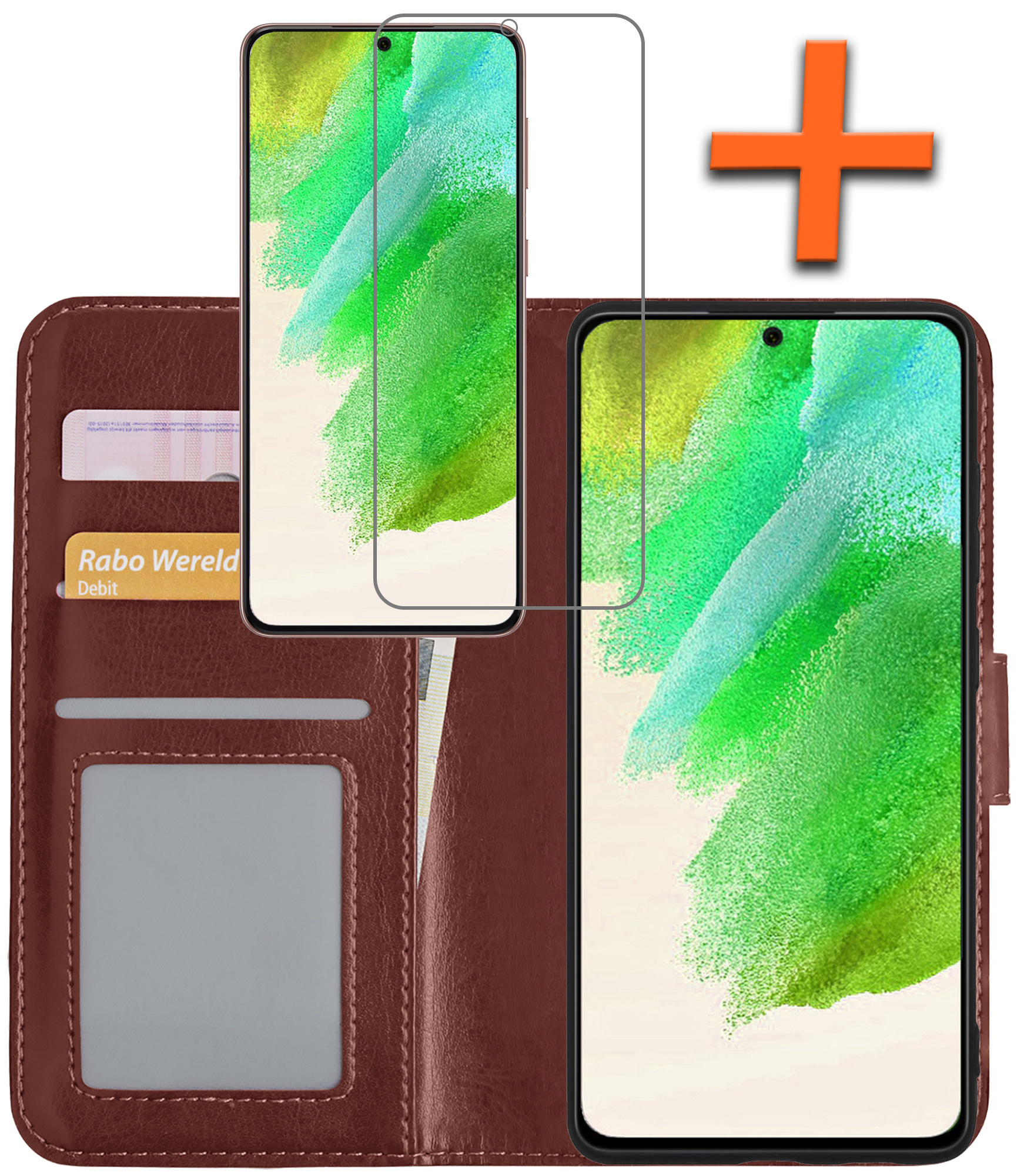 Nomfy Hoesje Geschikt voor Samsung S21 FE Hoes Bookcase Flipcase Book Cover Met Screenprotector - Hoes Geschikt voor Samsung Galaxy S21 FE Hoesje Book Case - Bruin