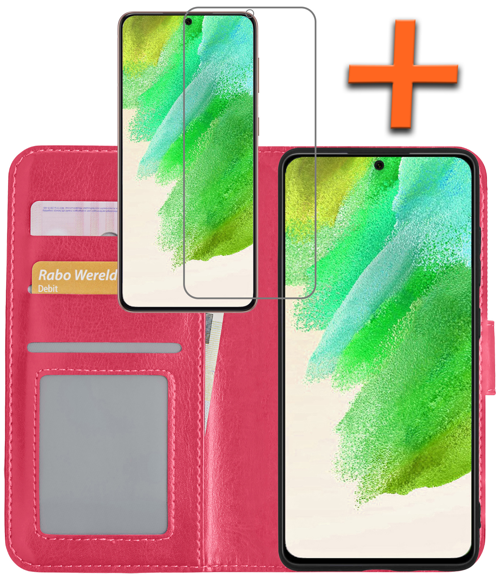 Nomfy Hoesje Geschikt voor Samsung S21 FE Hoes Bookcase Flipcase Book Cover Met Screenprotector - Hoes Geschikt voor Samsung Galaxy S21 FE Hoesje Book Case - Donkerroze