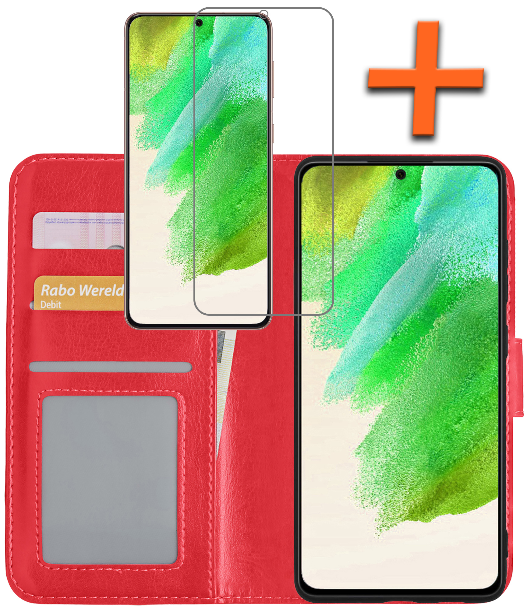 Nomfy Hoesje Geschikt voor Samsung S21 FE Hoes Bookcase Flipcase Book Cover Met Screenprotector - Hoes Geschikt voor Samsung Galaxy S21 FE Hoesje Book Case - Rood