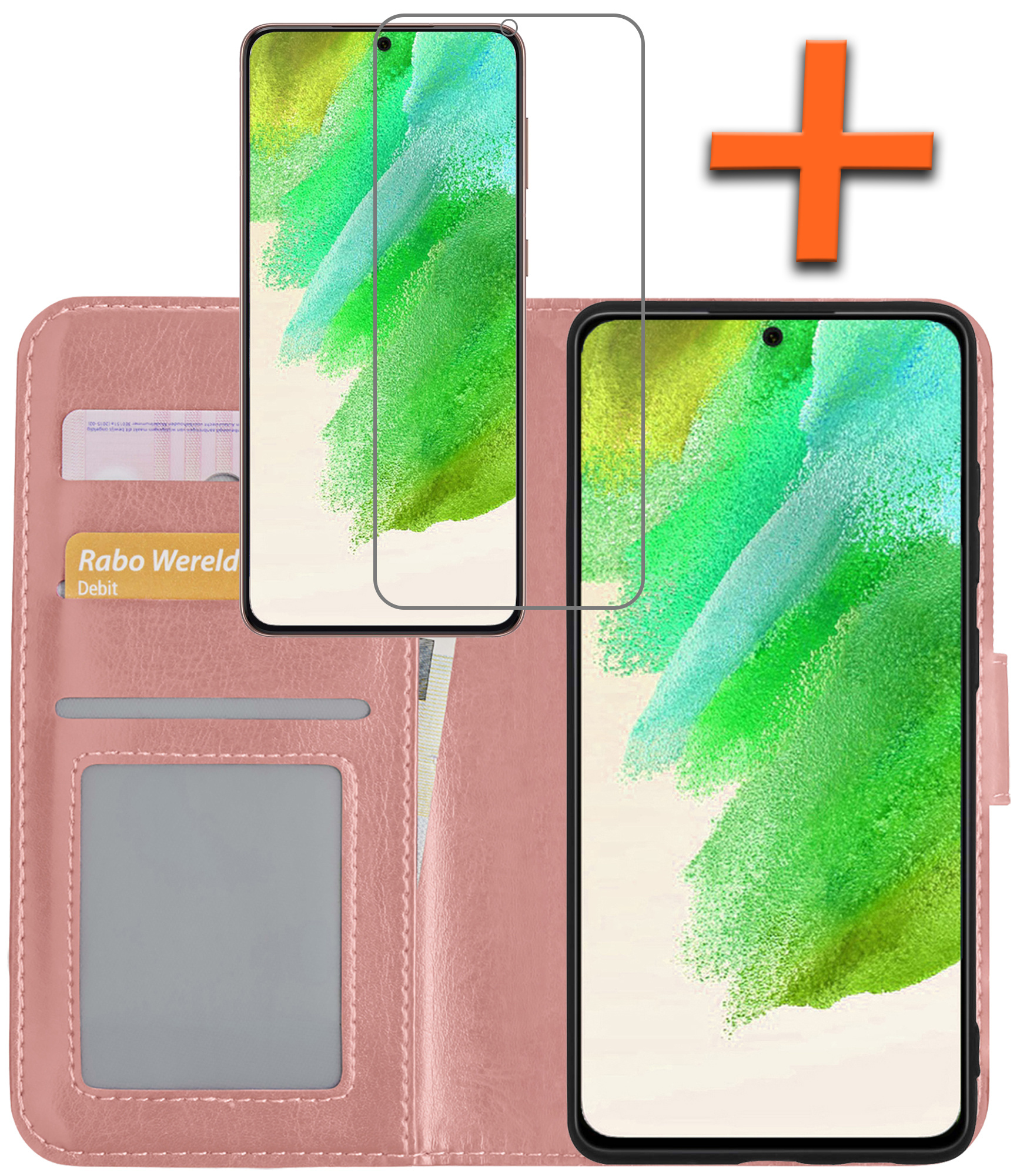 Nomfy Hoesje Geschikt voor Samsung S21 FE Hoes Bookcase Flipcase Book Cover Met Screenprotector - Hoes Geschikt voor Samsung Galaxy S21 FE Hoesje Book Case - Rosé goud