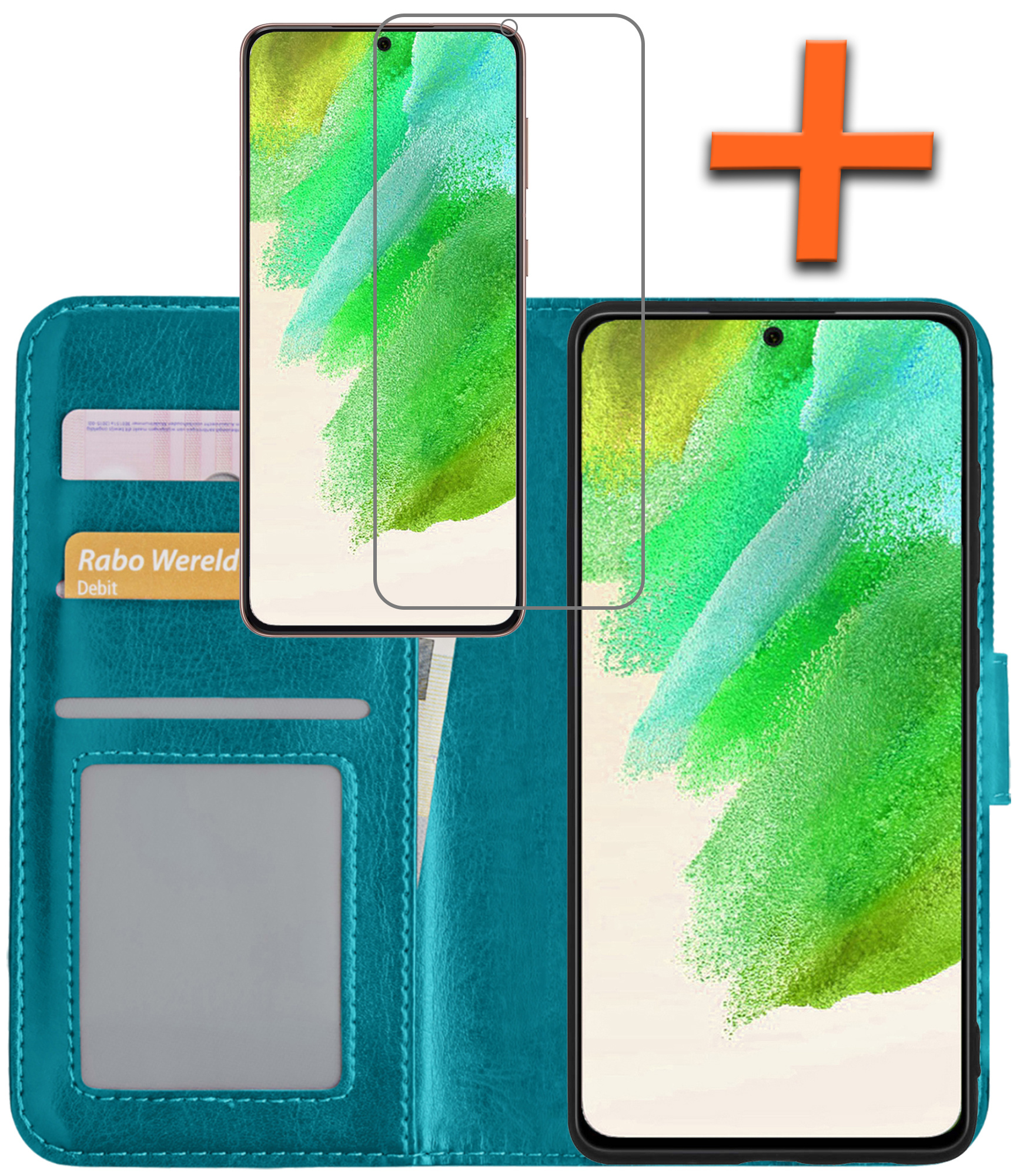 Nomfy Hoesje Geschikt voor Samsung S21 FE Hoes Bookcase Flipcase Book Cover Met Screenprotector - Hoes Geschikt voor Samsung Galaxy S21 FE Hoesje Book Case - Turquoise
