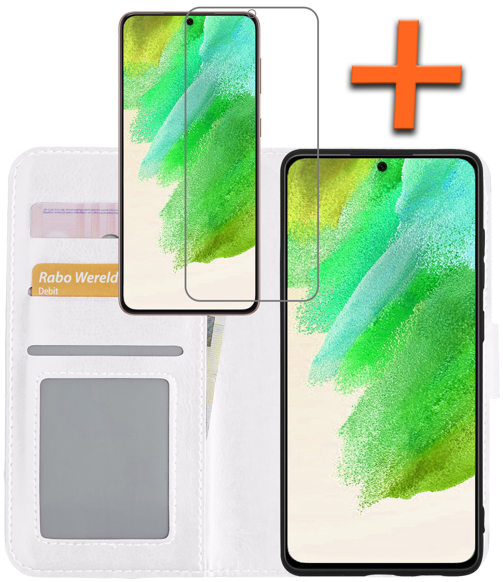 Nomfy Hoesje Geschikt voor Samsung S21 FE Hoes Bookcase Flipcase Book Cover Met Screenprotector - Hoes Geschikt voor Samsung Galaxy S21 FE Hoesje Book Case - Wit