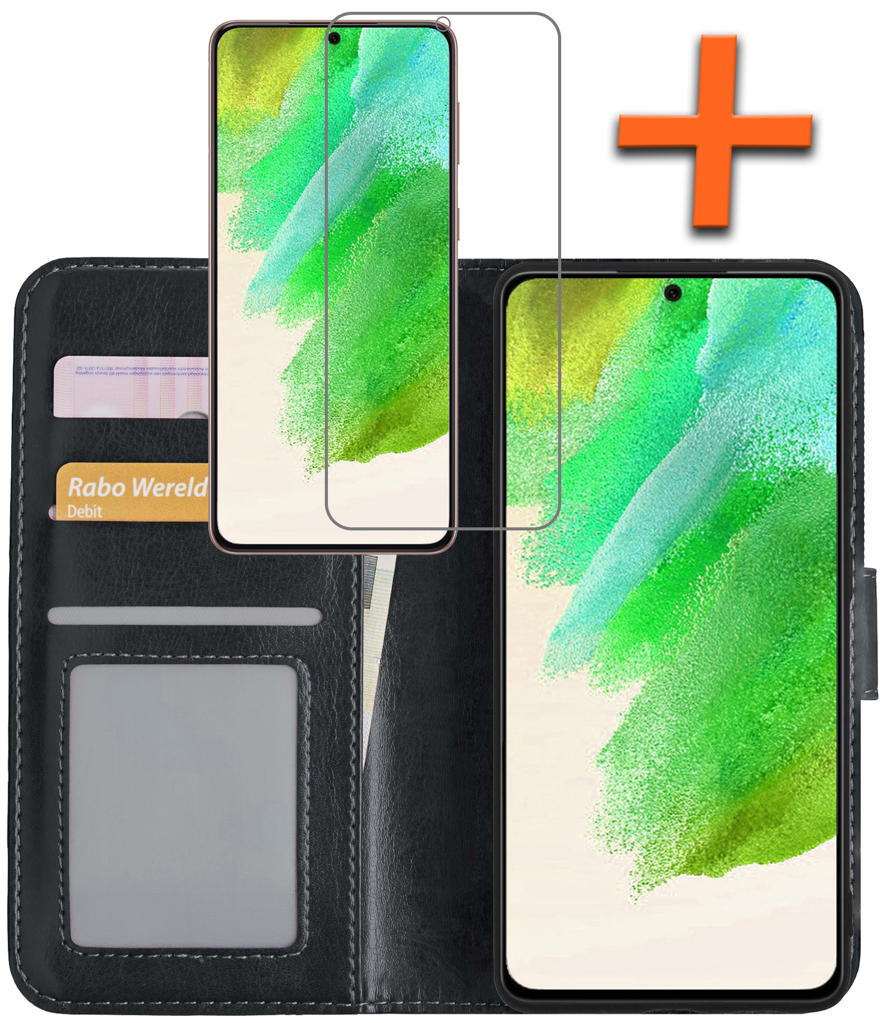 Nomfy Hoesje Geschikt voor Samsung S21 FE Hoes Bookcase Flipcase Book Cover Met Screenprotector - Hoes Geschikt voor Samsung Galaxy S21 FE Hoesje Book Case - Zwart